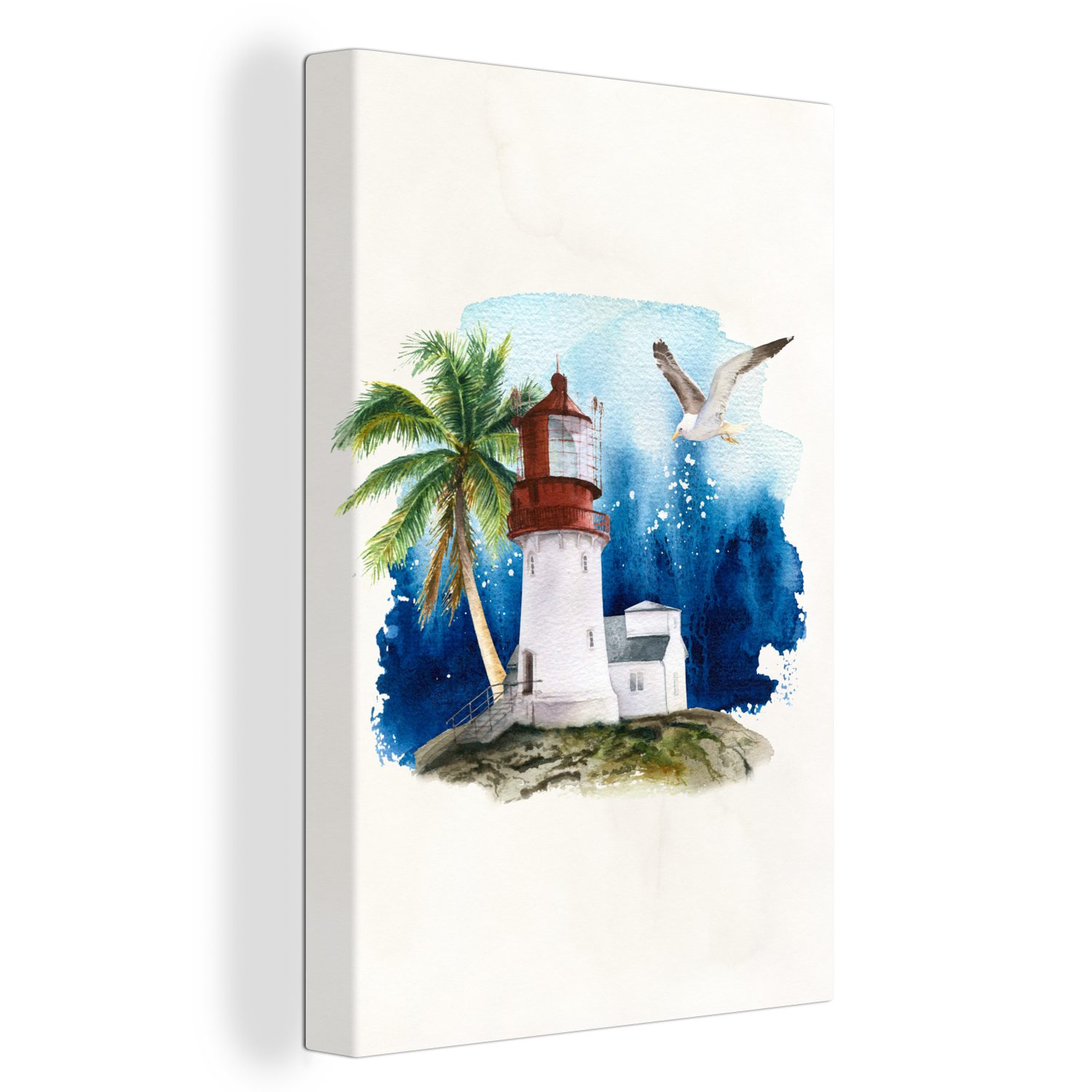 OneMillionCanvasses® Leinwandbild Aquarell - Leuchtturm - Palme, (1 St), Leinwandbild fertig bespannt inkl. Zackenaufhänger, Gemälde, 20x30 cm