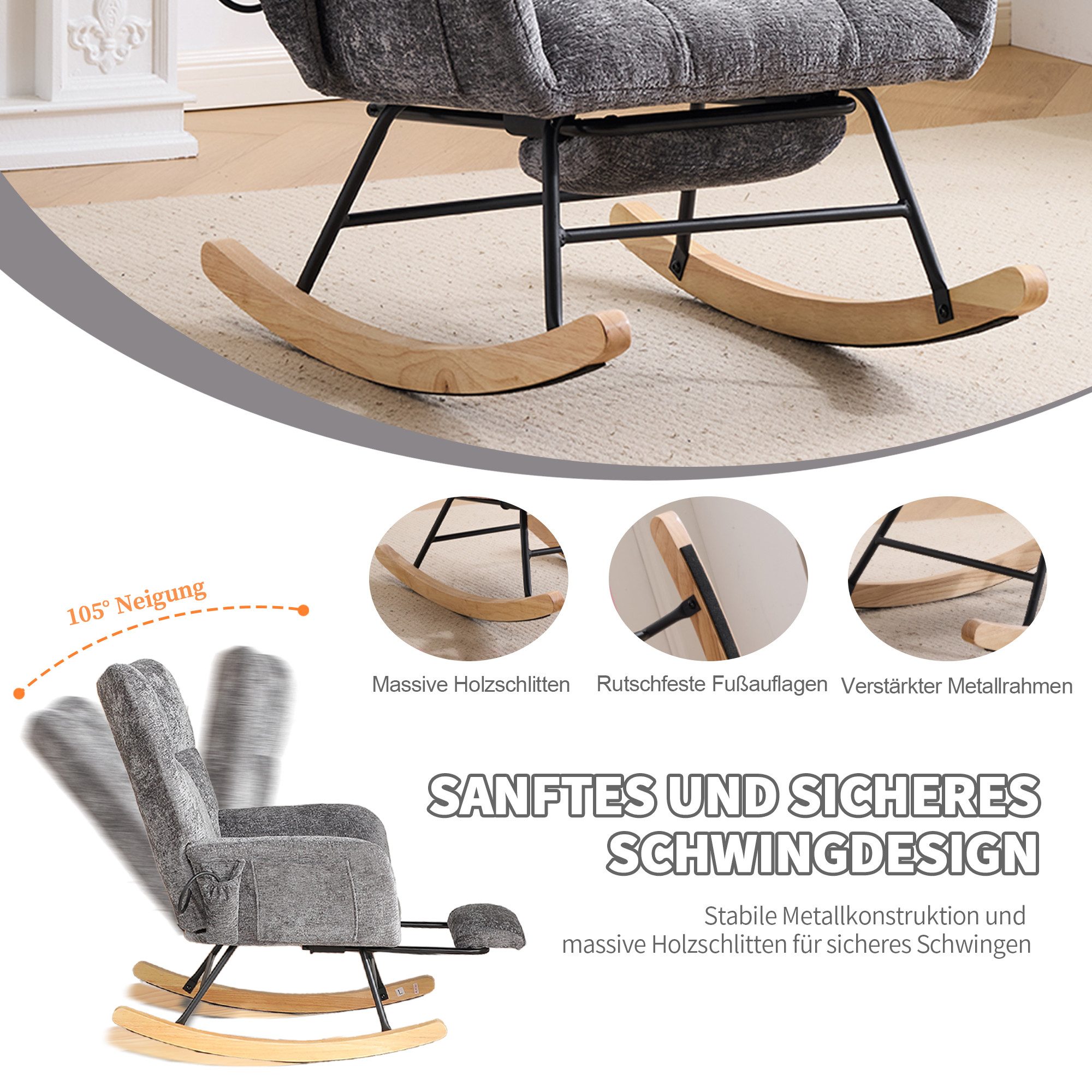 Vankel Schaukelstuhl Relaxsessel Chenille mit Fußstütze, Schaukelfunktion & Stauraum, Bequemer Schaukelstuhl mit Luftkissen-Rückenlehne für Wohnzimmer