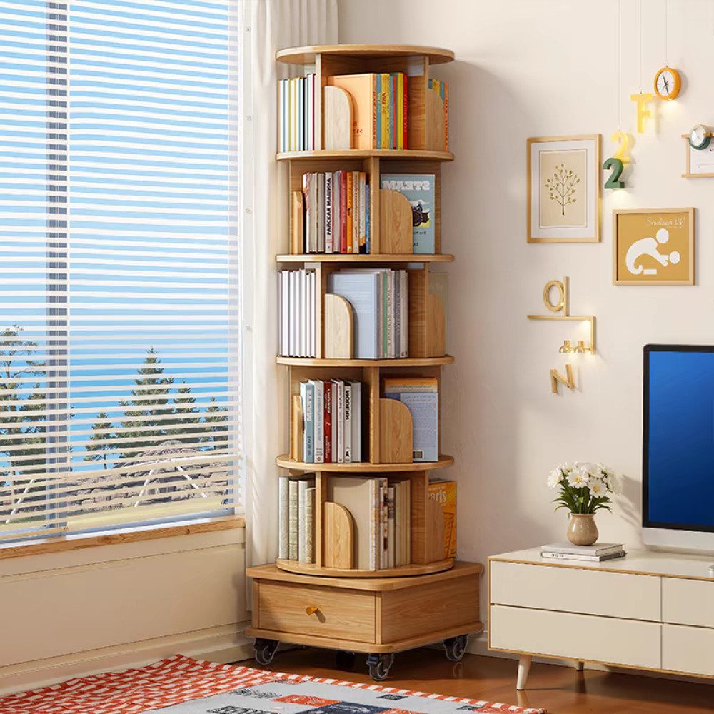BBG Drehregal Drehregal mit 6 Ebenen und 360°-Drehfunktion, Bücherregal mit Schublade und Rollen, platzsparendes Rundregal
