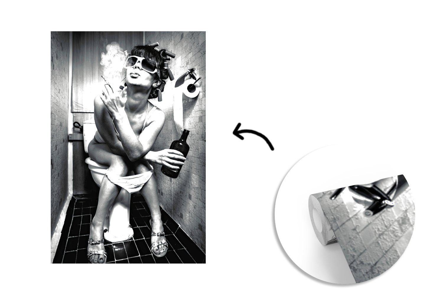 Fototapete Zigarette, - Frau - (3 - Montagefertig Tapete Toilette Lockenwickler Matt, bedruckt, St), MuchoWow Wohnzimmer, - Vintage Vinyl Wandtapete für