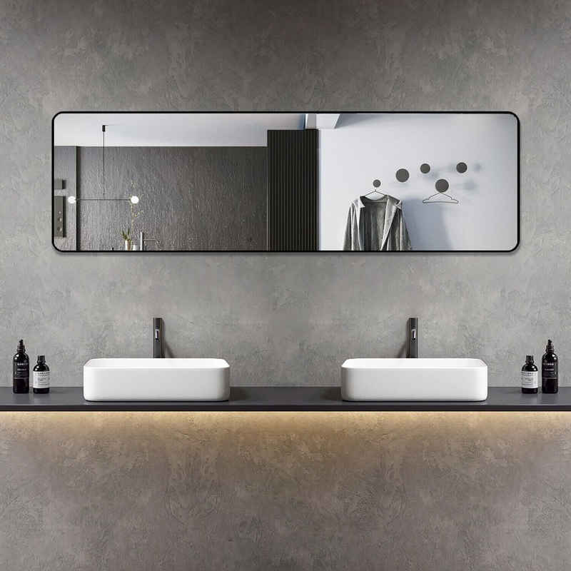 Boromal Badspiegel Spiegel groß badezimmer Wandspiegel Schwarz 150x50 160x40 140x40 (Hängespiegel Rechteckig, 5mm HD Umweltschutz Spiegel, mit Alurahmen), 4 Installationsmethoden