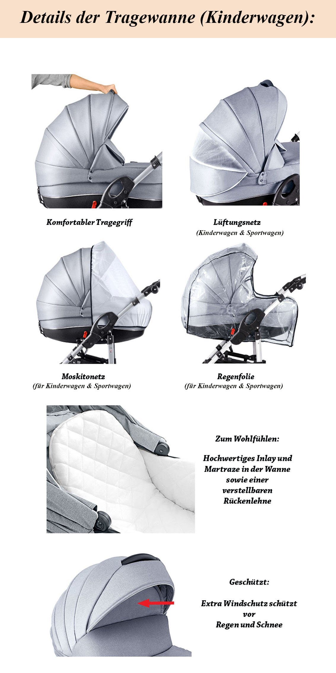 ECO 16 - babies-on-wheels Kombi-Kinderwagen Cosmo Teile Sand-Beige 3 in Kunstleder 1 Kinderwagen-Set - 29 Farben in