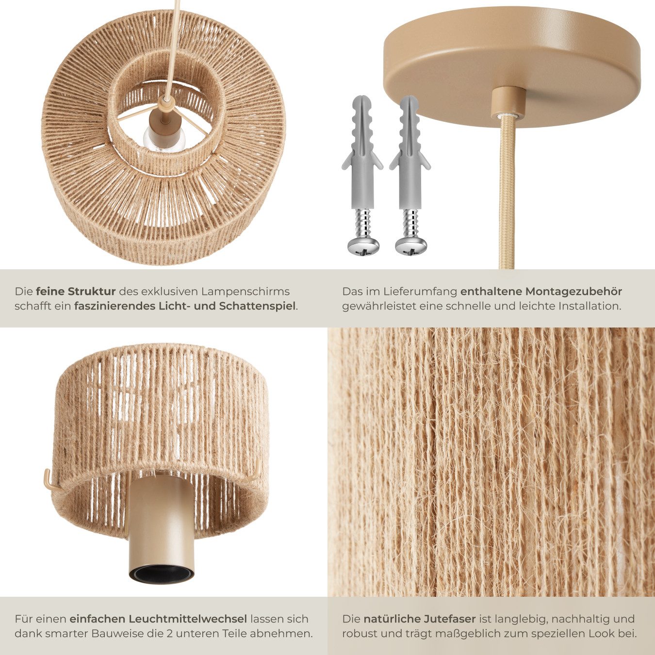 tectake Deckenleuchten Pendelleuchte Allegra aus Jute im Boho-Stil, 40W, Charmante Wandbeleuchtung mit gemütlichen Lichtakzenten