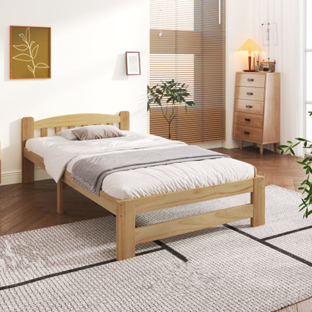 Einzelbett Einzelbett, Massivholz Natur Bett mit Kopfteil und Lattenroste
