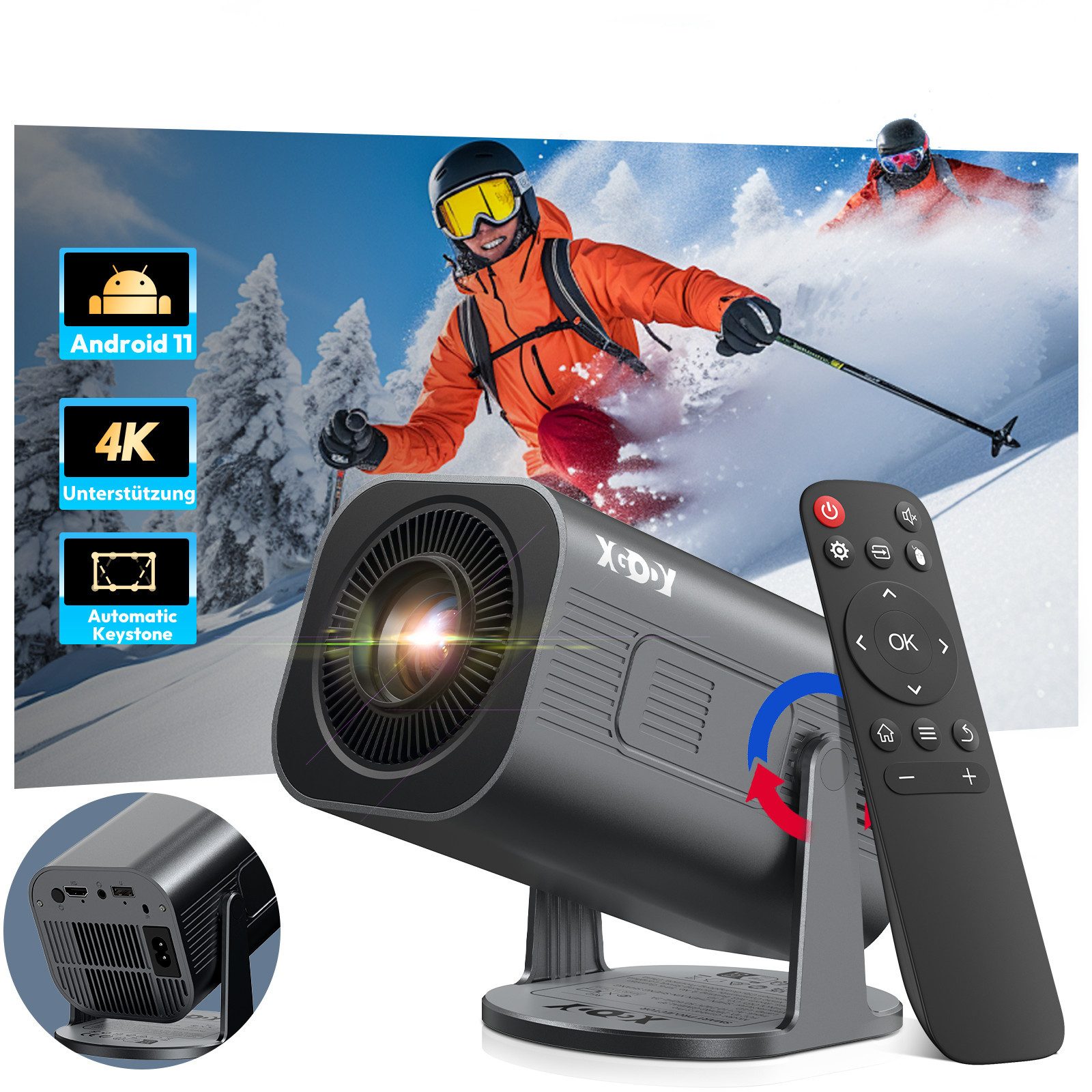 XGODY 2026 Neu Tragbarer Projektor Gimbal 3Pro 4K Android 11 Wifi6 BT 5.4 Mini-Beamer (12000 lm, 10000:1, 3840 x 2160 px, Android OS mit App-Store, Youtube, Netflix, Prime Video etc)