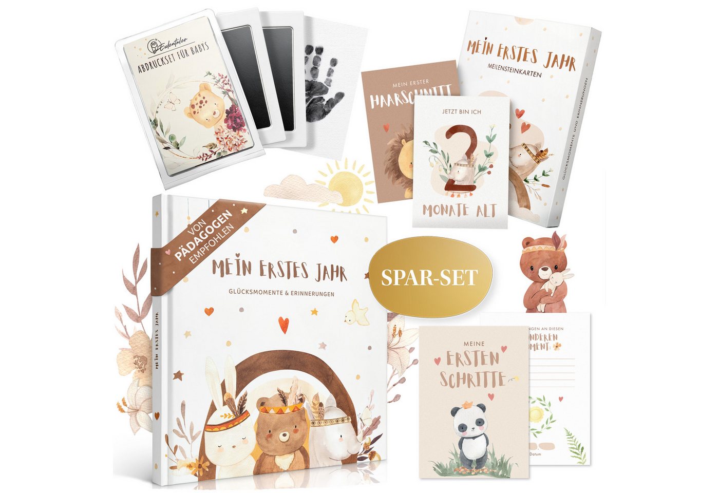 Eulentaler Tagebuch I Babyalbum Geschenkset 3in1 I Album, Meilensteinkarten & Abdruckset, für das erste Jahr, von Pädagogen gestaltet