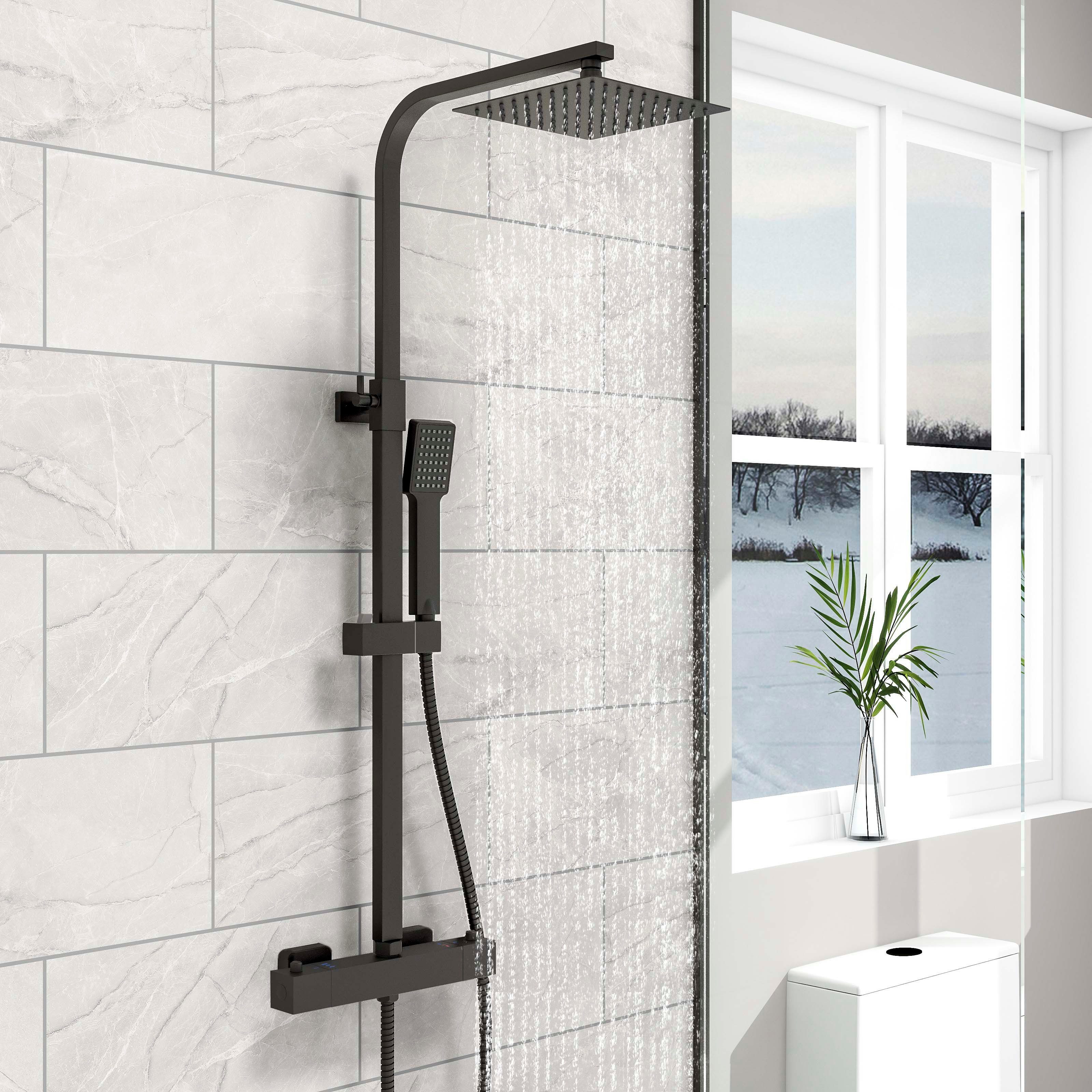 duschspa Duschsystem 20x20cm eckig Regenduschset mit Kopfbrause, 2 Strahlart(en), Wandmontage mit Thermostat Regendusche Chrom/Schwarz Quadratisch