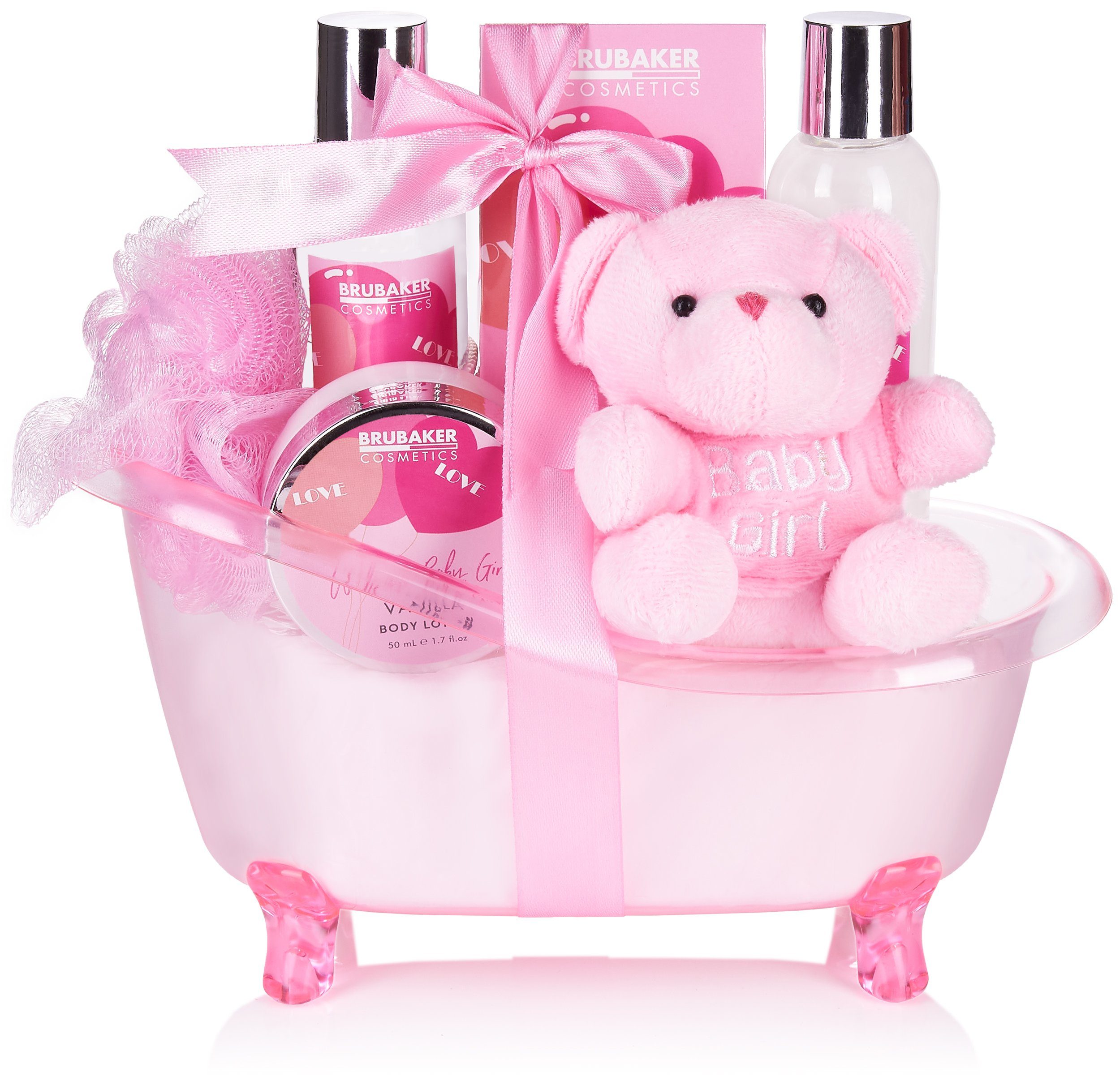 BRUBAKER Hautreinigungs-Set Baby Geschenkset Geburt, Baby Plüschbär, Neugeborene Rosa Pflegeset Wanne Jungen Set und zur Babypflege Babyparty, 7-tlg., Mädchen mit Taufe, Babypflegeset, für und Geschenk