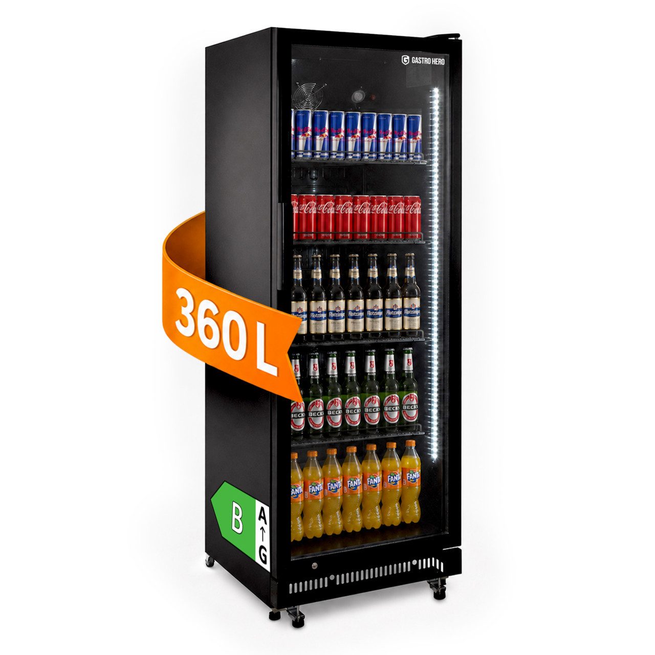 GastroHero Getränkekühlschrank Flaschenkühlschrank 360 L mit Glastür, LED & Schloss, schwarz GKSE360, 175.2 cm hoch, 62 cm breit, Flaschenkühlschrank, Klimaklasse 4, Energieeffizienz B