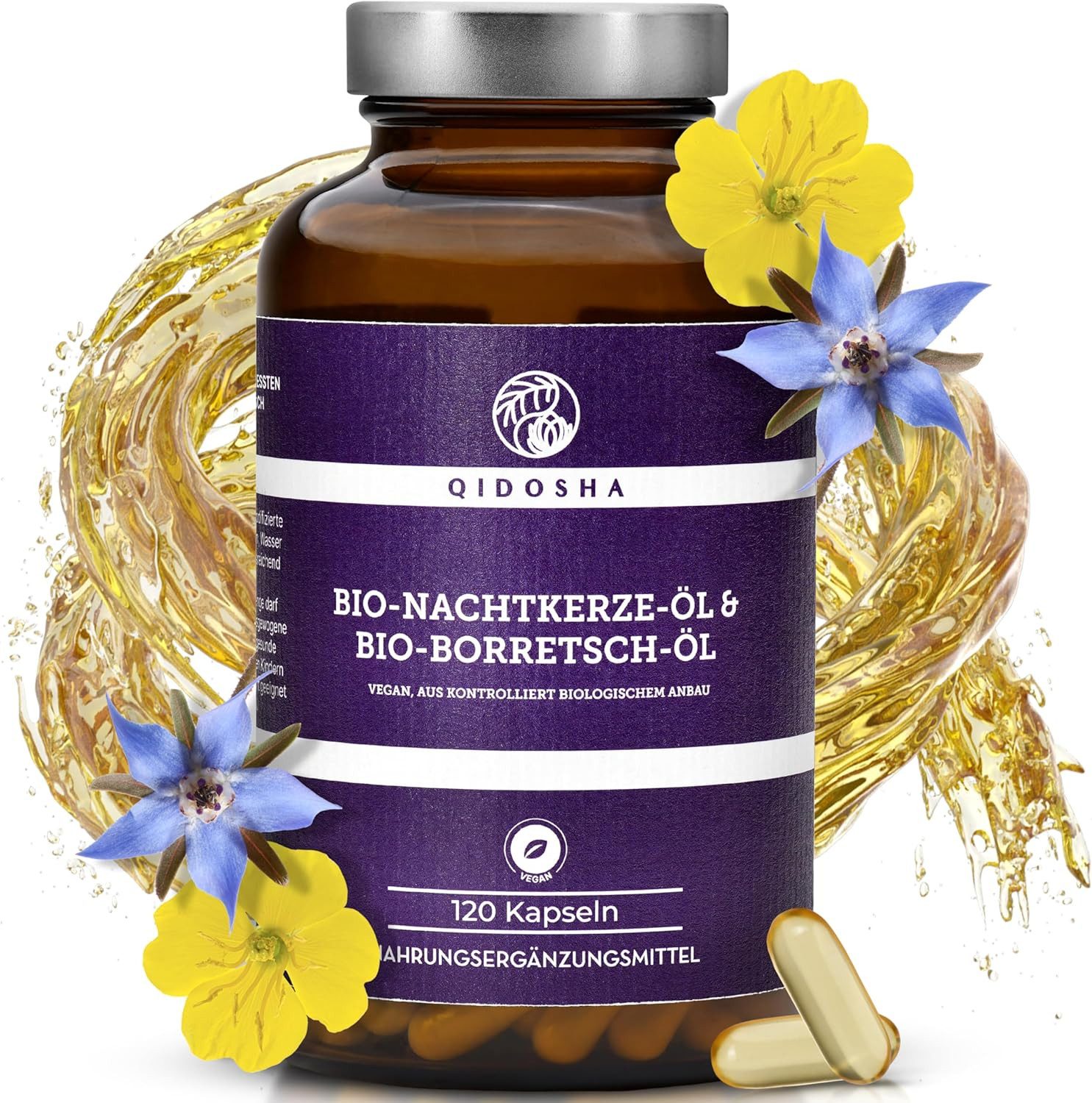 QIDOSHA Bio Nachtkerzenöl & Bio Borretschöl 700 mg Kapseln, 120 St., 122.4 g, Kaltgepresste Bio-Pflanzenöle