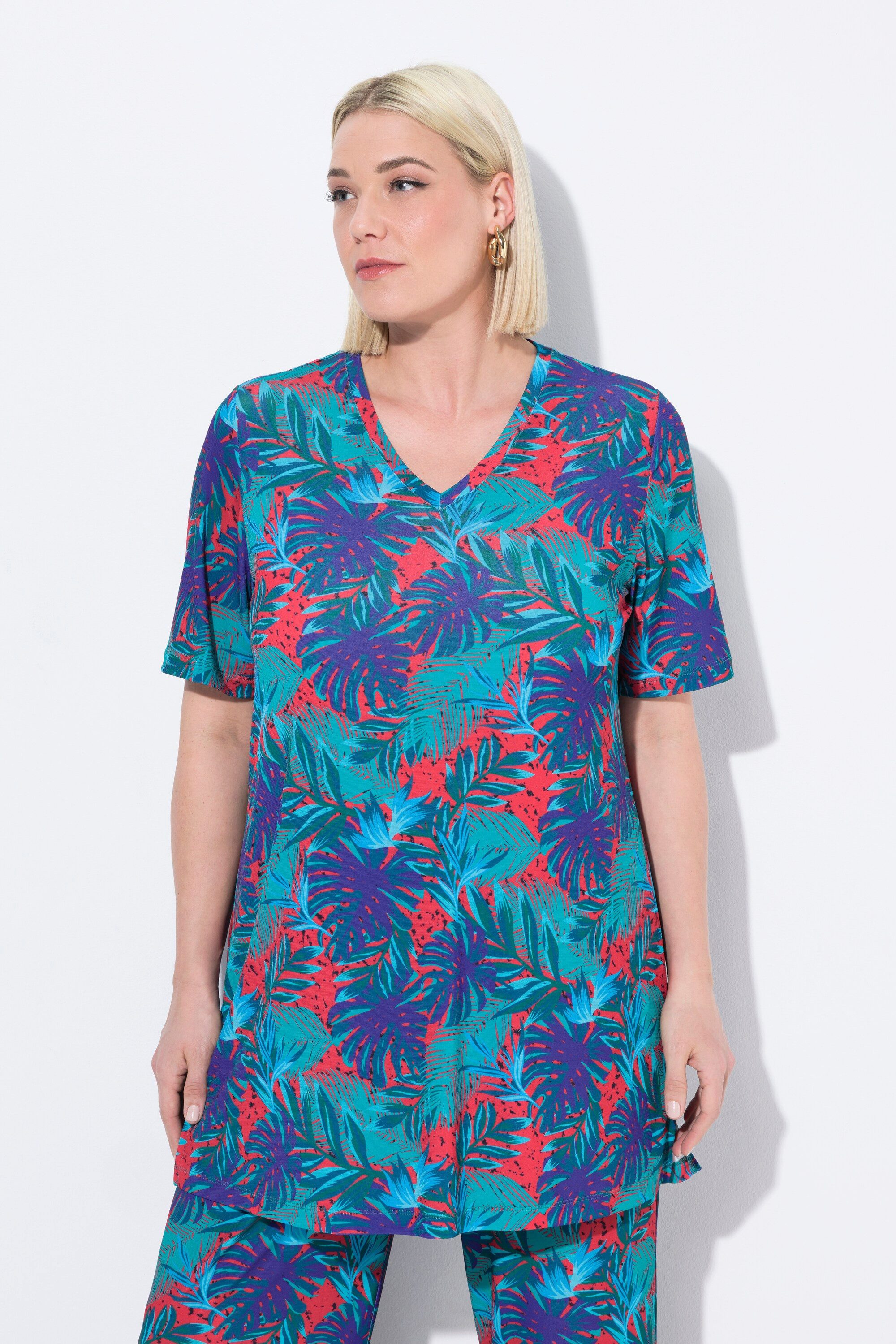 Longshirt Longshirt Palmen A-Linie V-Ausschnitt Halbarm