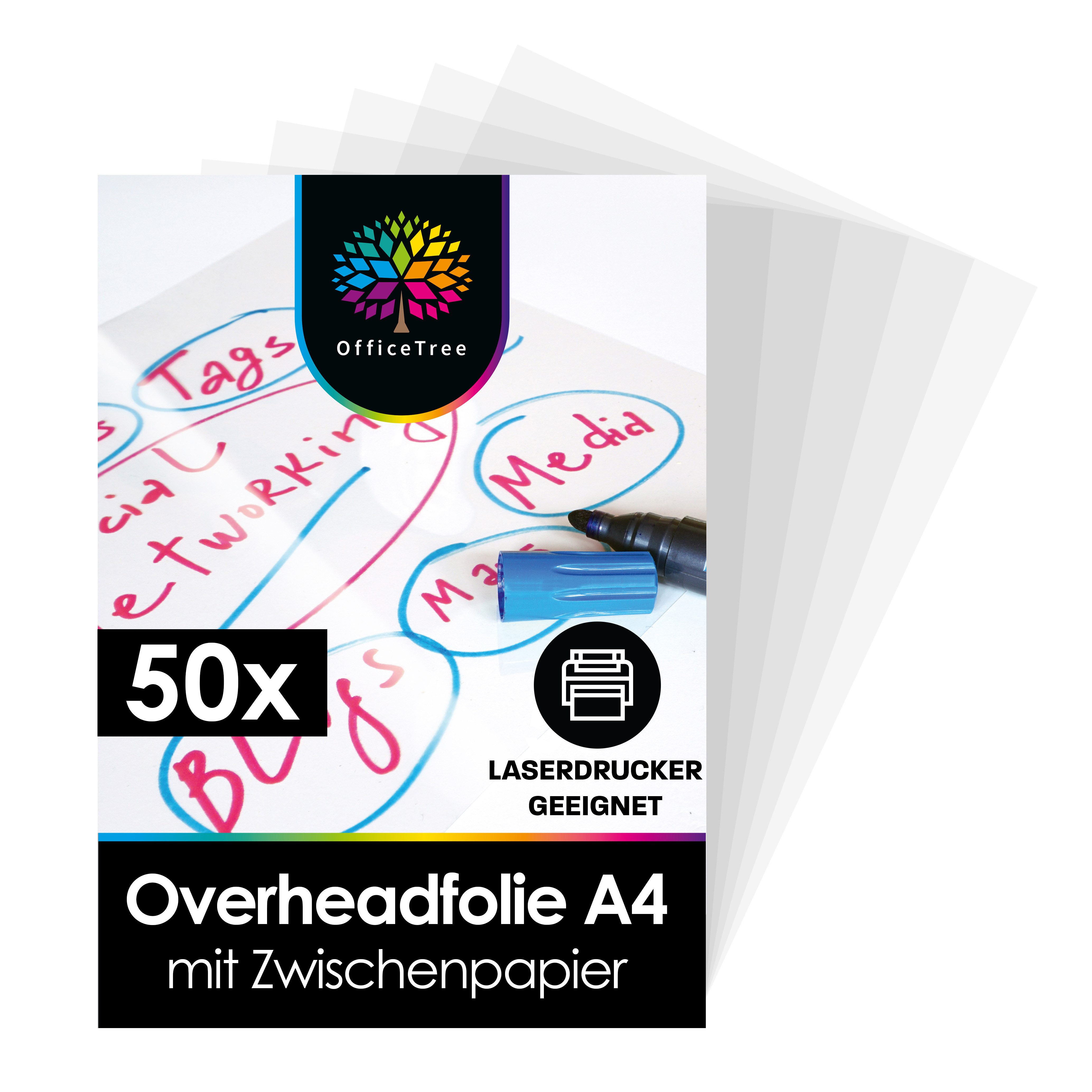 OfficeTree Druckerpapier 50 Blatt Overhead Folien DIN A4, Auch für Laserdrucker