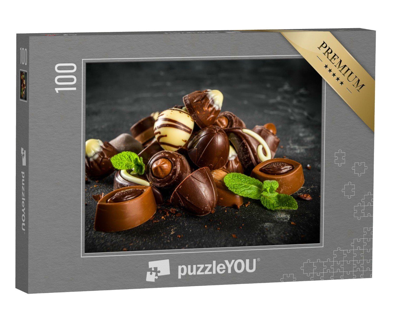 puzzleYOU Puzzle Verschiedene Pralinen mit Minzblättern, 100 Puzzleteile, puzzleYOU-Kollektionen Süßigkeiten