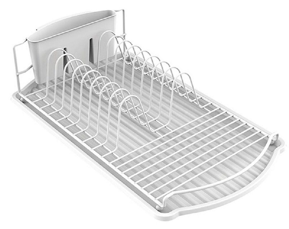 MSV Geschirrständer Geschirrabtropfgestell mit Platte, Abtropfgitter für Teller, Gläser & Besteck, seitlicher Besteckkorb mit 3 Fächern, mit Tropfschale, beschichteter Stahl, ca. 47,5x26,5x11 cm
