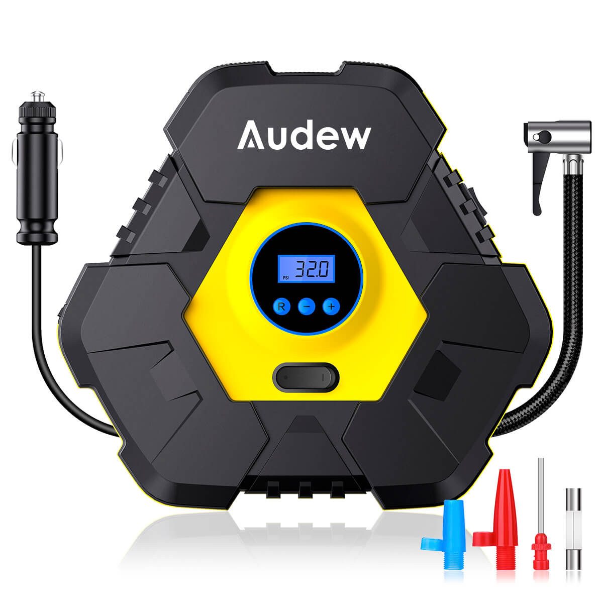 AUDEW Akku-Luftpumpe Audew Elektrische Luftpumpe Gelb – Schnelles und Einfaches Aufpumpen, für Auto, Fahrrad und mehr
