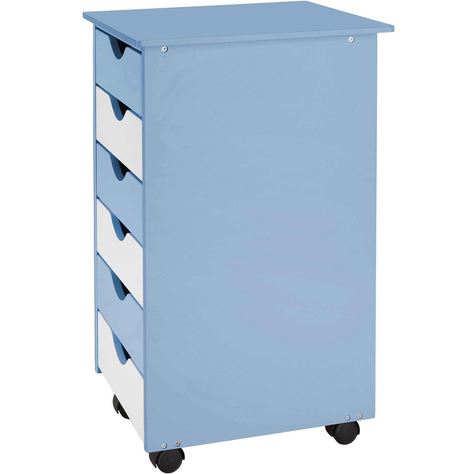 tectake Rollcontainer Schreibtischcontainer 36 x 40 x 65 cm aus Holz, einfache Montage, (Bürokommode, in blau), 4 leichtgängige drehbare Doppelrollen, 6 Schubladen, runde Kanten