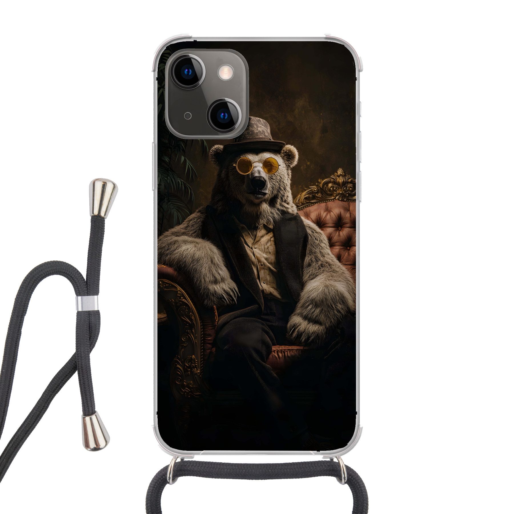 MuchoWow Handyhülle für Apple iPhone 13 Mini Eisbär - Hut - Brille - Stuhl, Tragbare Handyhüllen mit Kette zum umhängen, Handykette Handyband