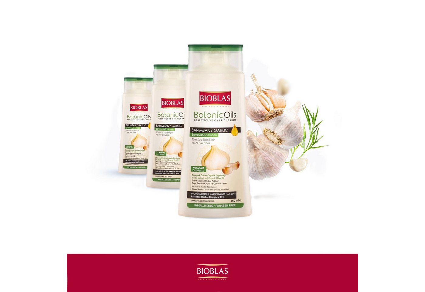 Bioblas Haarshampoo Bioblas Knoblauch-Shampoo geruchlos 360 ml – Haarshampoo, 3-tlg., Mit Knoblauchextrakt & Bio-Olivenöl für kräftiger wirkendes Haar