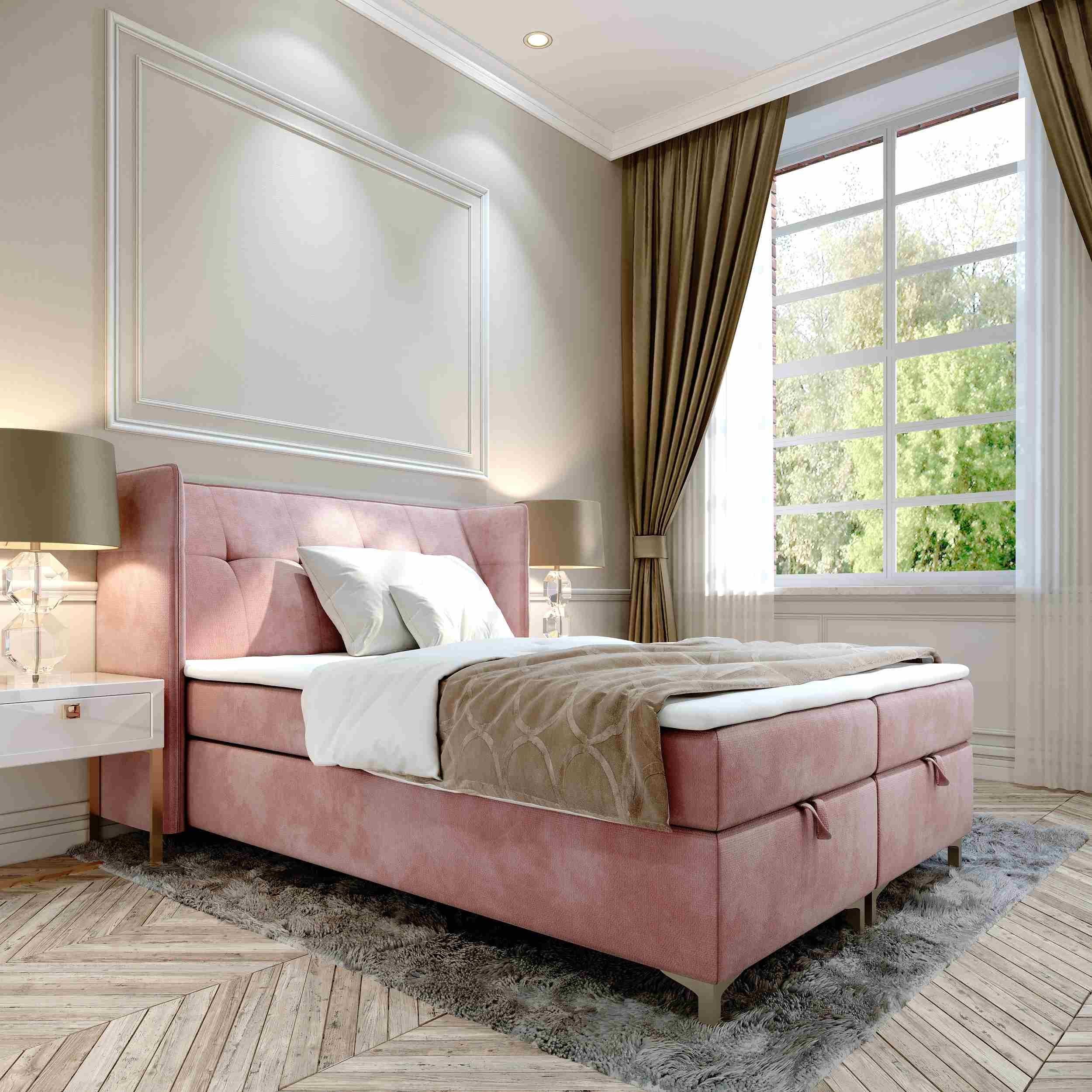 Furnix Polsterbett TOLIE 140,160, 180, 200x 200 cm Bett mit Bettkasten und Topper, wahlweise in 5 Größen und 7 Farben Rosa