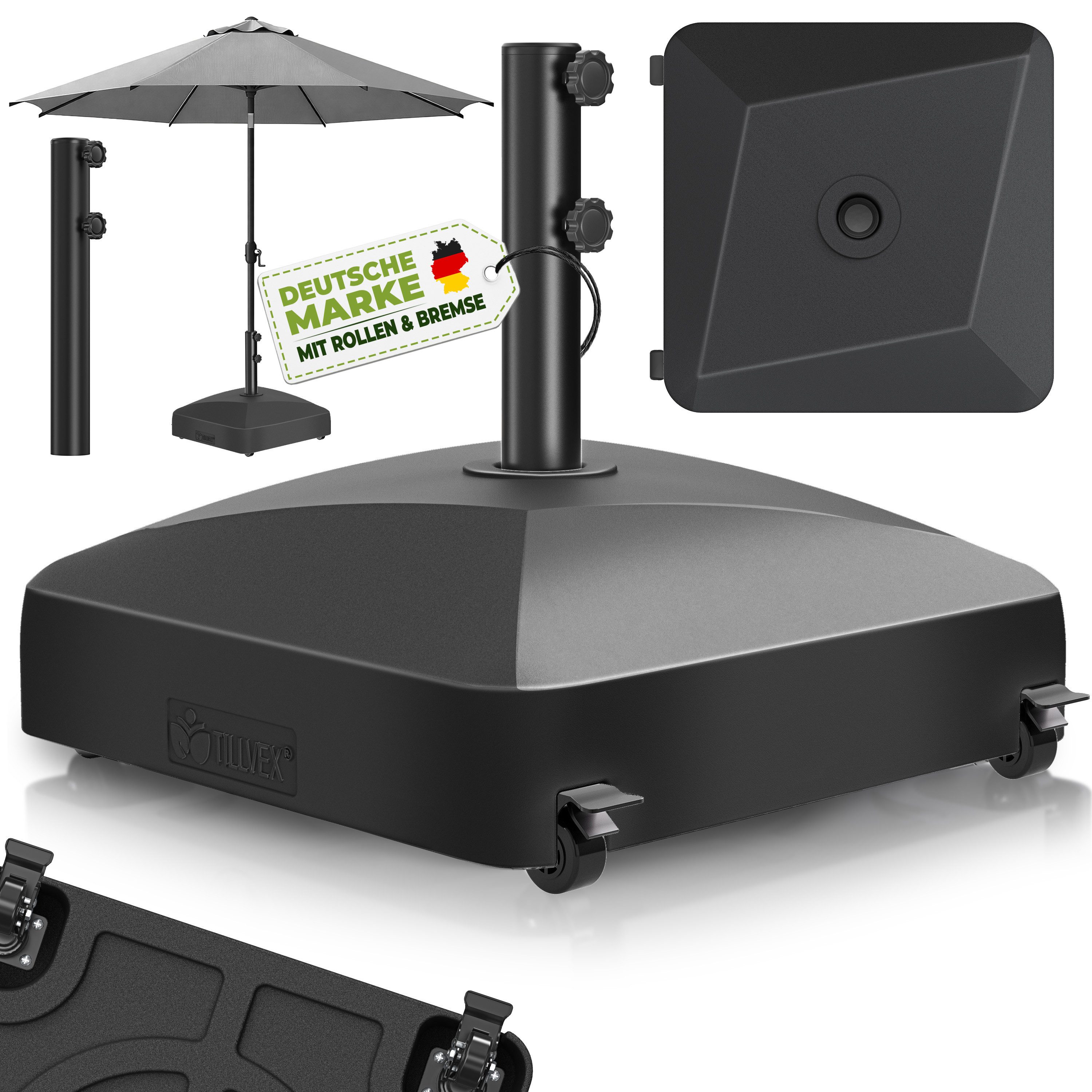 tillvex Sonnenschirm tillvex® Sonnenschirmständer GRAVIA mit Rollen & Bremsen, Schirmständ, & Marktschirm Ø 1,8-3,7m, Ampelschirmständer wetterfest, Schirmständer befüllbar 37 Liter / 56 kg Schirmgewicht Sonnenschirm, Sonnenschirmständer GRAVIA mit Rollen & Bremsen