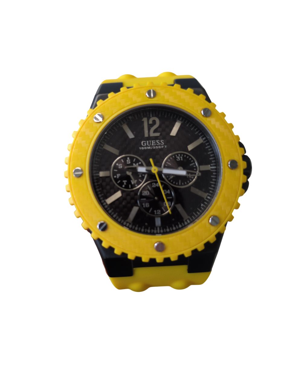 Guess Quarzuhr Armbanduhr Multifunktion Edelstahl Silikonband Schwarz Gelb W11619G5