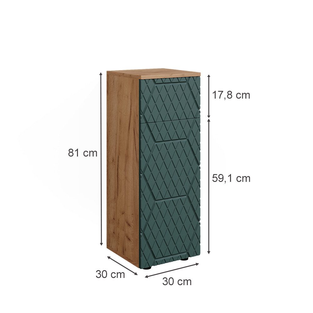 Vicco Midischrank Irma, Goldkraft Eiche/Grün, 30 x 81 cm mit 1 Schublade, 2 Fächer,... (1-St)
