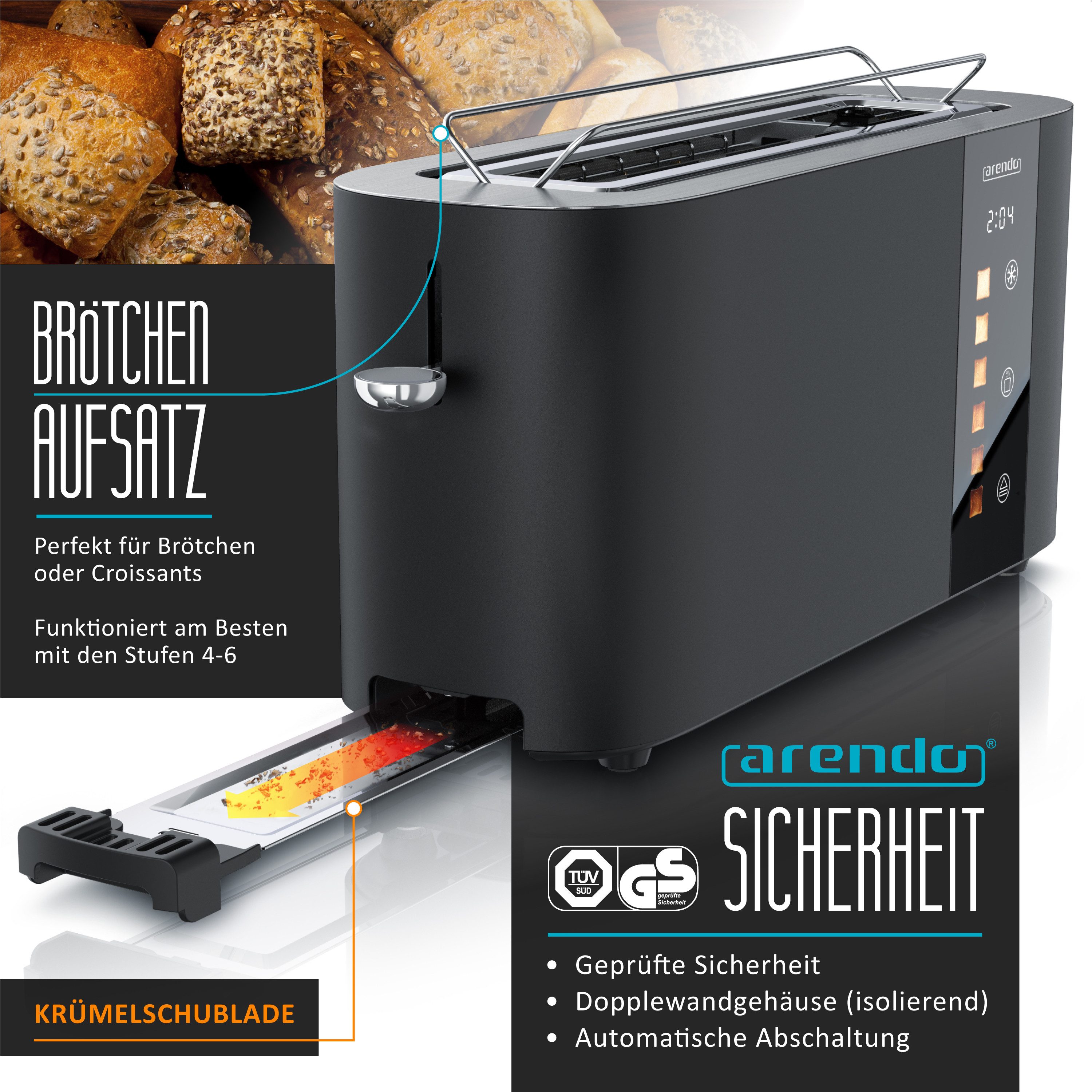 Arendo Toaster Edelstahl, Langschlitz, Touch Display, Restzeit & Bräunungsgradanzeige, 1 langer Schlitz, für 2 Scheiben, 1000 W, Brötchenaufsatz, Wärmeisoliert, Toast-Symbole für Bräunungsgradauswahl