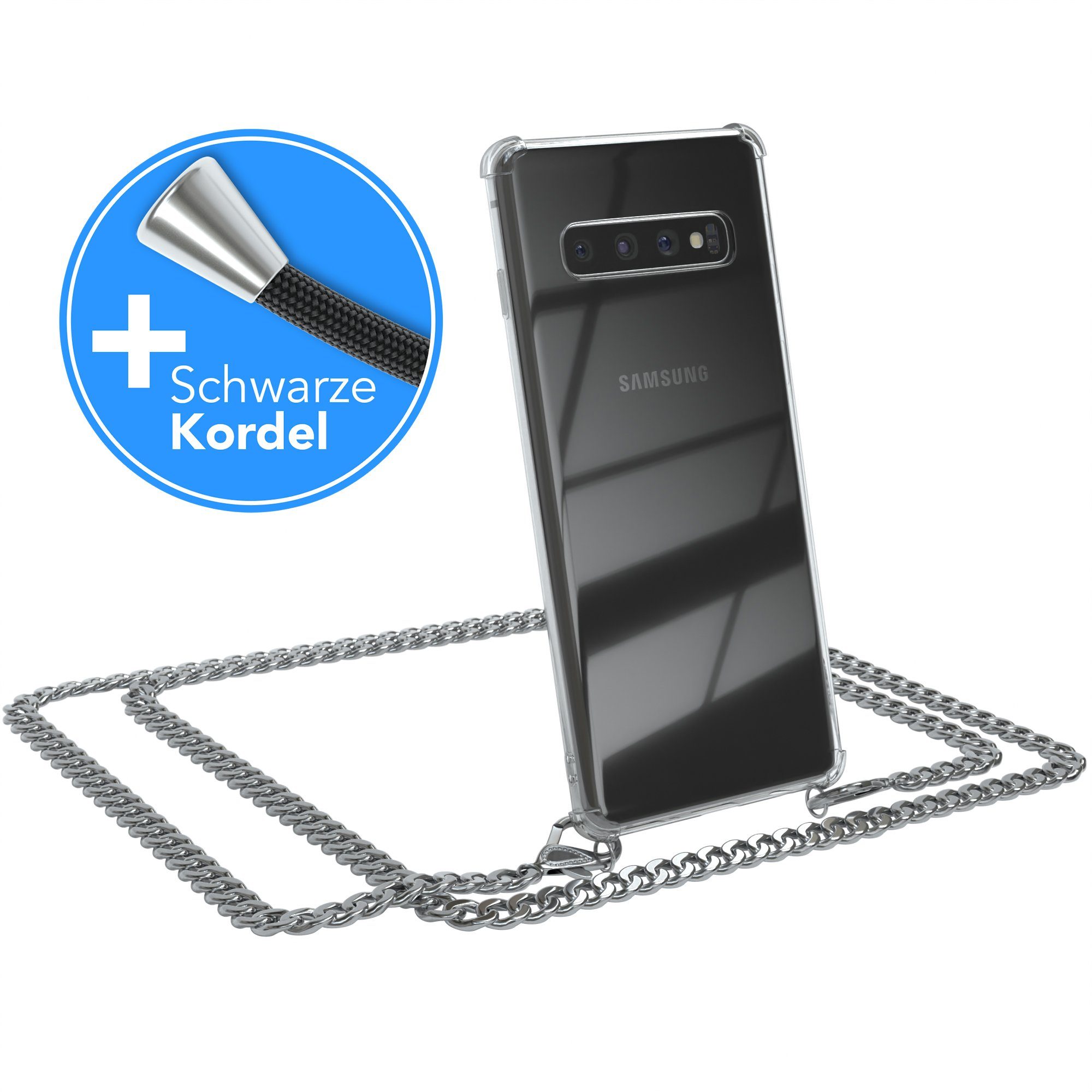 EAZY CASE Handykette 2in1 Metallkette für Samsung Galaxy S10 6,1 Zoll, Hülle mit Kette Metallkette Slimcover Handykette Umhängetasche Silber