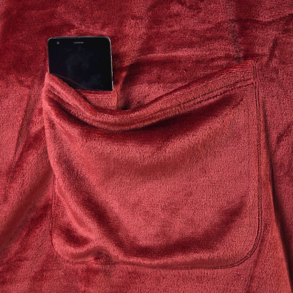 dark und Kuscheldecke DecoKing, Tragbare mit TV Ärmeldecke Ärmeln Tagesdecke Taschen, Blanket Lazy red - aufgenähten