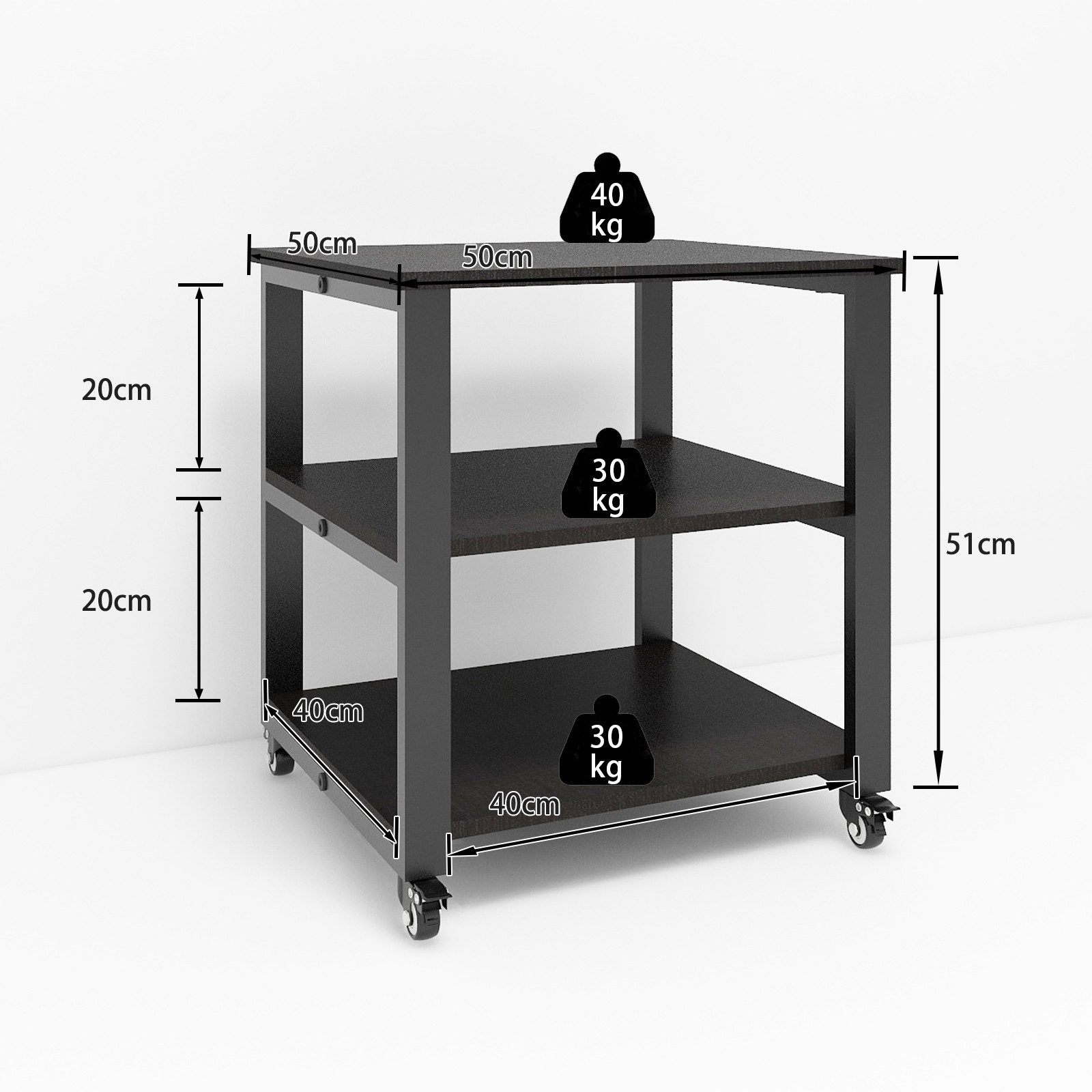 PUNCIA Druckertisch mit Rollen – Mobiler Druckerständer aus Holz & Metall, 3-stufig (1-St), Stabiler Druckerwagen 50×50×51 cm