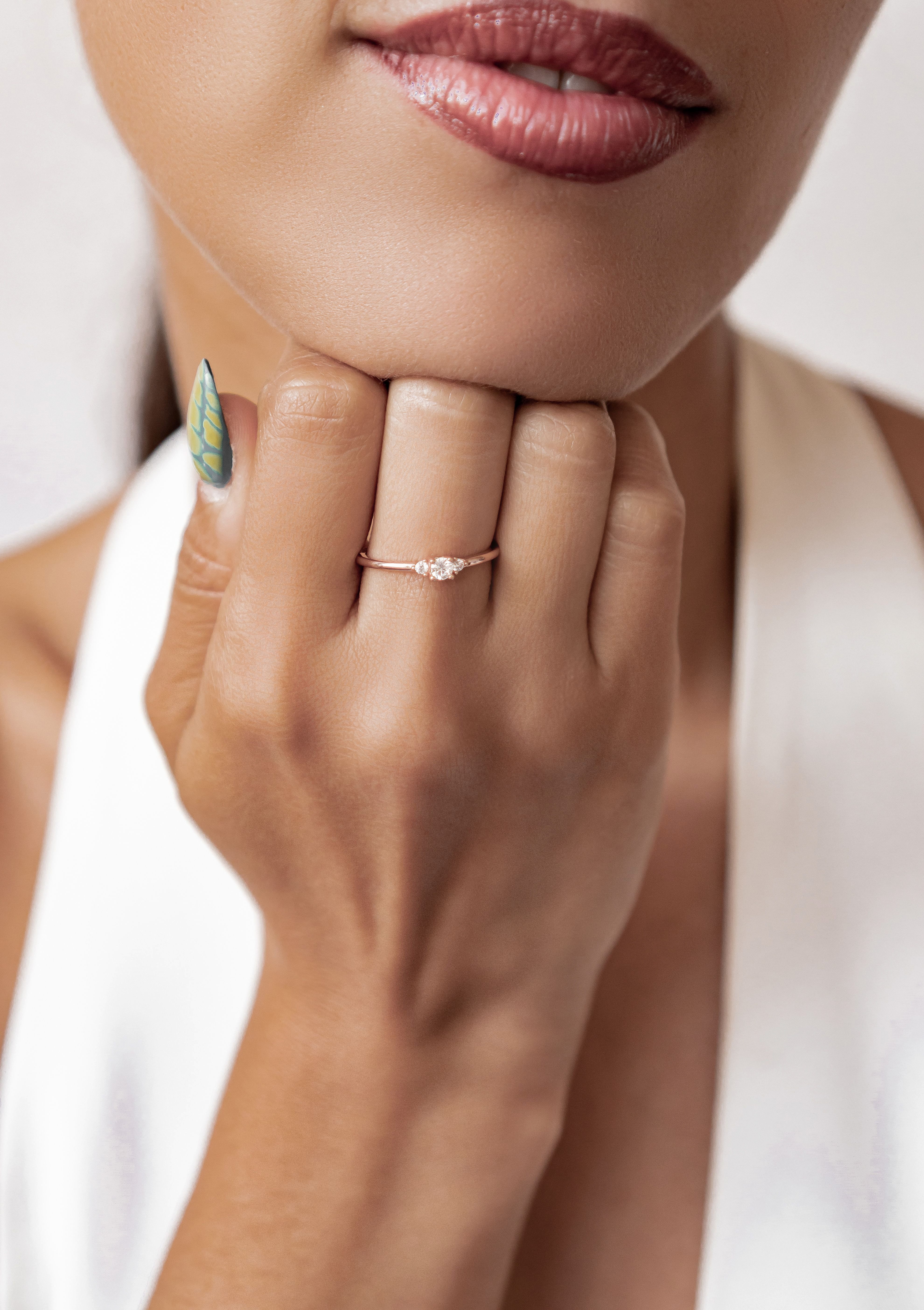 Hey Happiness Fingerring Drei Zirkon Trauring, 925 Silber 18K Roségold Vergoldet, Silber Ring Drei Kristalle, Verlobungsring Damen