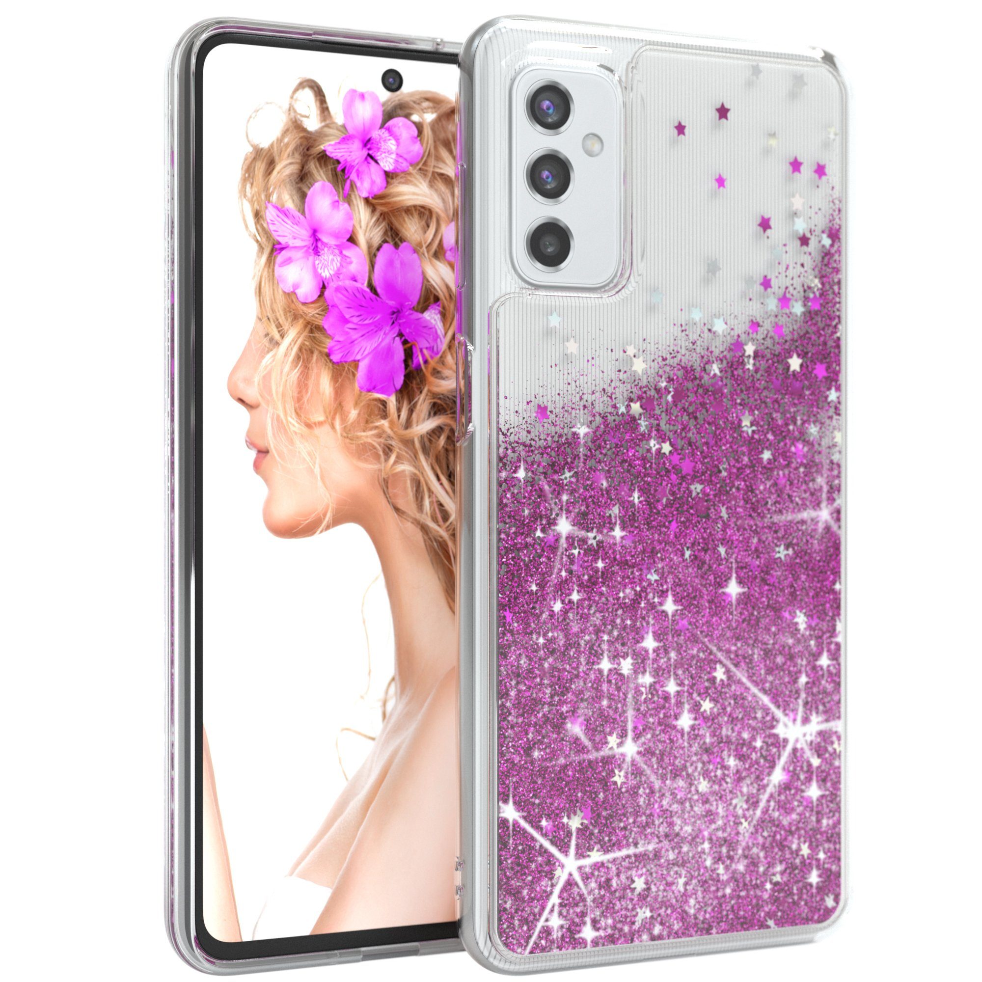 EAZY CASE Handyhülle Liquid Glittery Case für Samsung Galaxy M52 5G 6,7 Zoll, Bumper Case Back Cover Glitter Glossy Handyhülle Etui Violett Lila