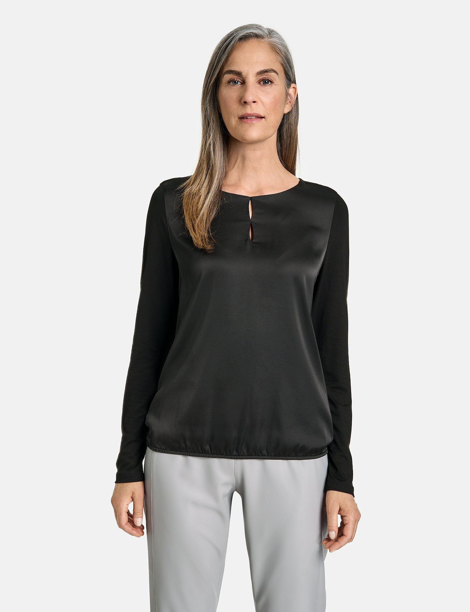 GERRY WEBER Langarmshirt Blusenshirt mit Material-Patch und elastischem Saum Schwarz