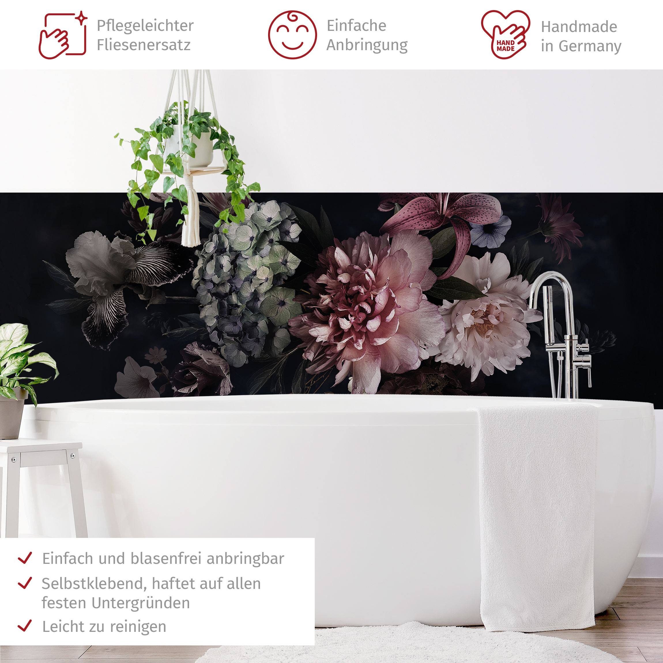 Bilderdepot24 Badrückwand schwarz fugenlose Wandverkleidung Bad Fotomontage, (Hartfolie matt » Selbstklebend SMART 0,35 mm), wasserfestes Wandpaneel Blumen Nebel Schwarz
