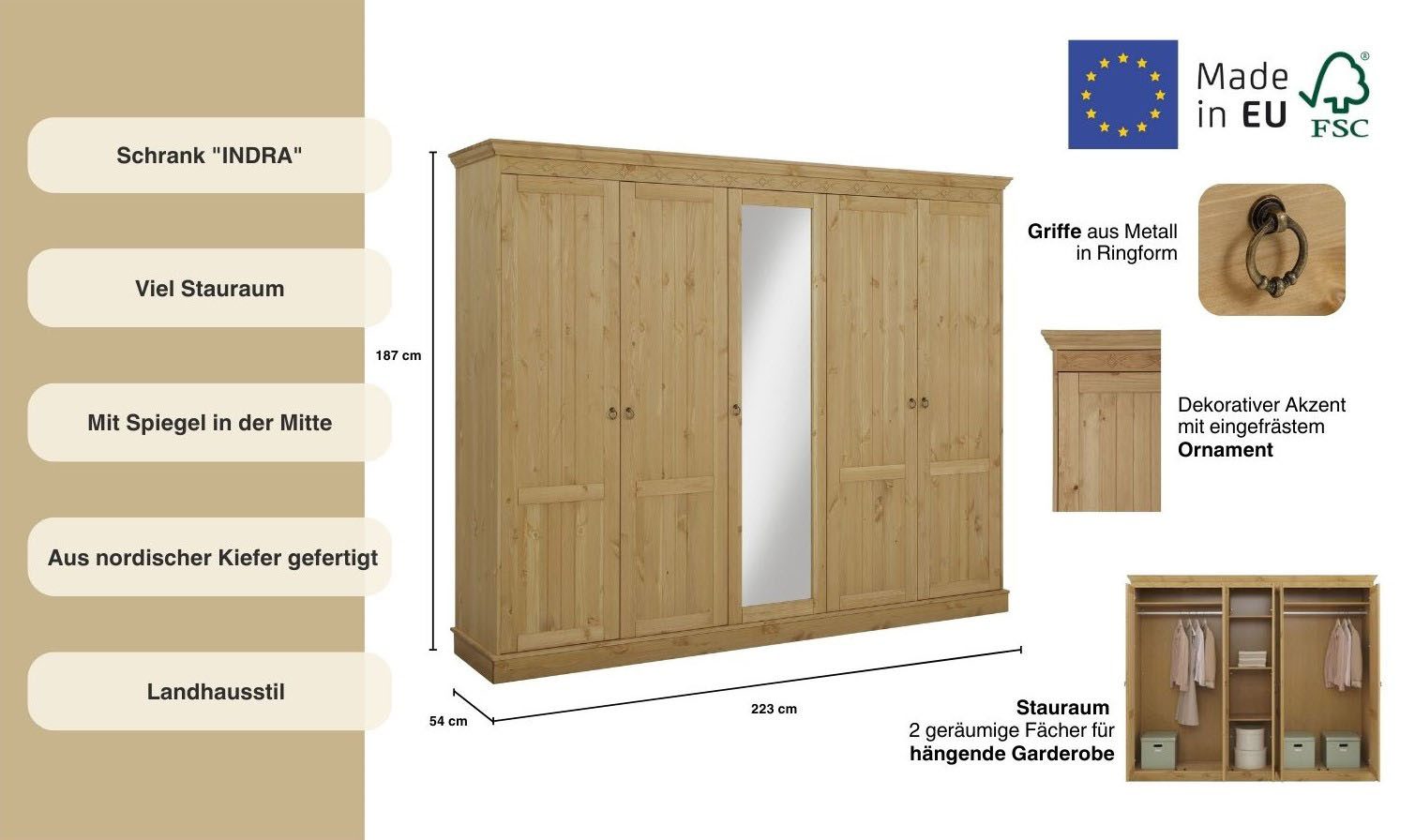 OTTO home Kleiderschrank Indra (3 Breiten: 100/145/233 cm H/T ca.187/54 cm) aus massiver Kiefer, mit Spiegel bei der 3- und 5trg.Variante