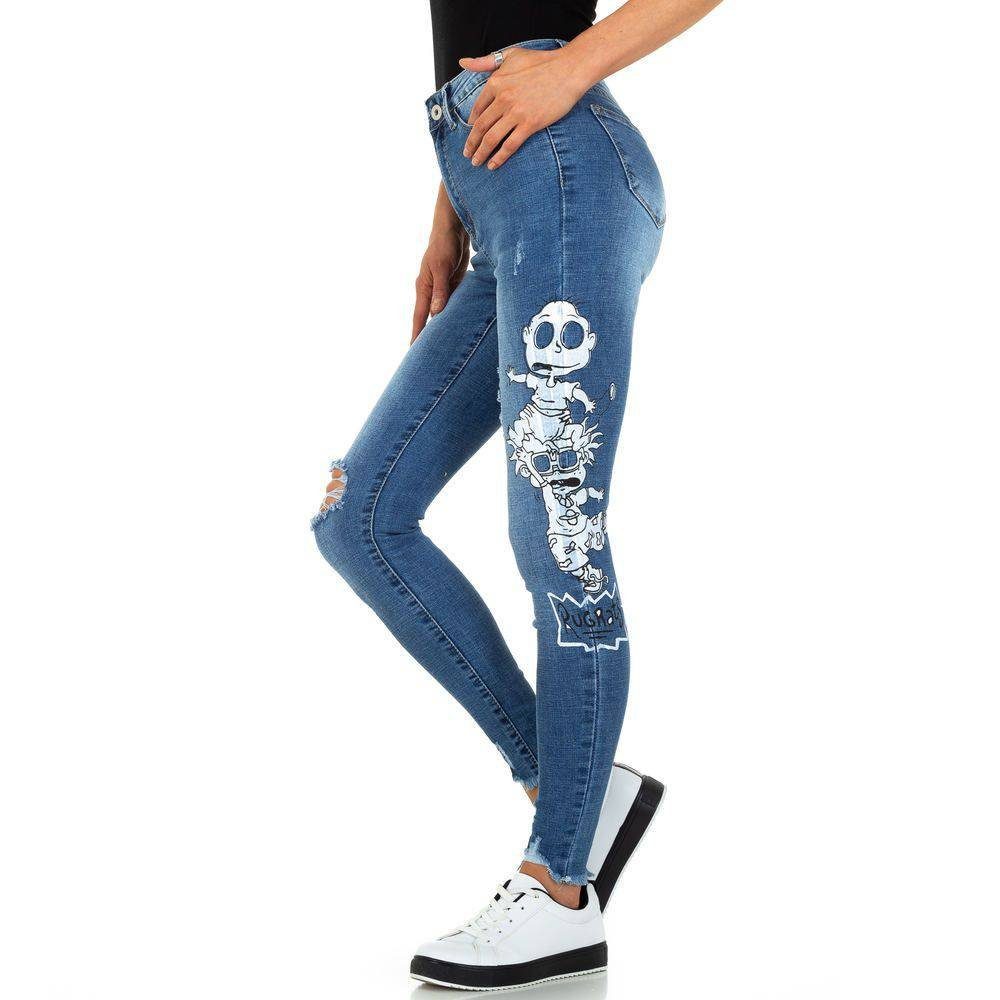 Ital-Design High-waist-Jeans Damen Freizeit Waist High Blau Applikation Print Stretch Jeans in