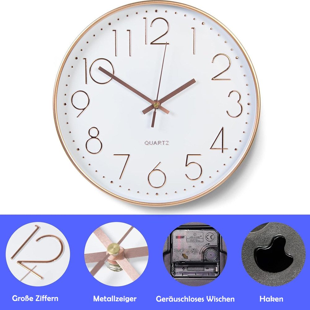 TUWENA Uhr 30cm Wanduhr Lautlos, 3D Ziffern Wanduhr, Modern Wand Uhr Analog (Leise Wall Clock Deko für Wohnzimmer Küche Büro Schule Kinderzimmer)
