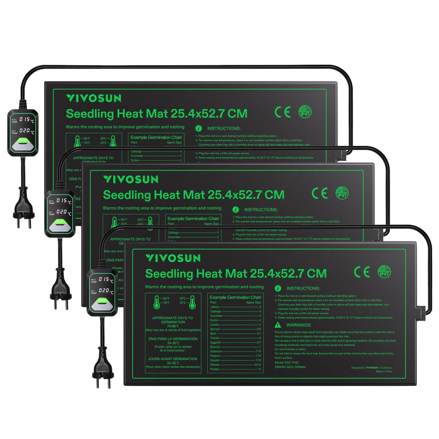 VIVOSUN Heizmatten VIVOSUN Heizmatte 25 × 53 cm mit digitalem Thermostat, 3er-Set, Heizmatten mit digitalem Thermostat, Schnelles Aufheizen auf ca. 40 °C