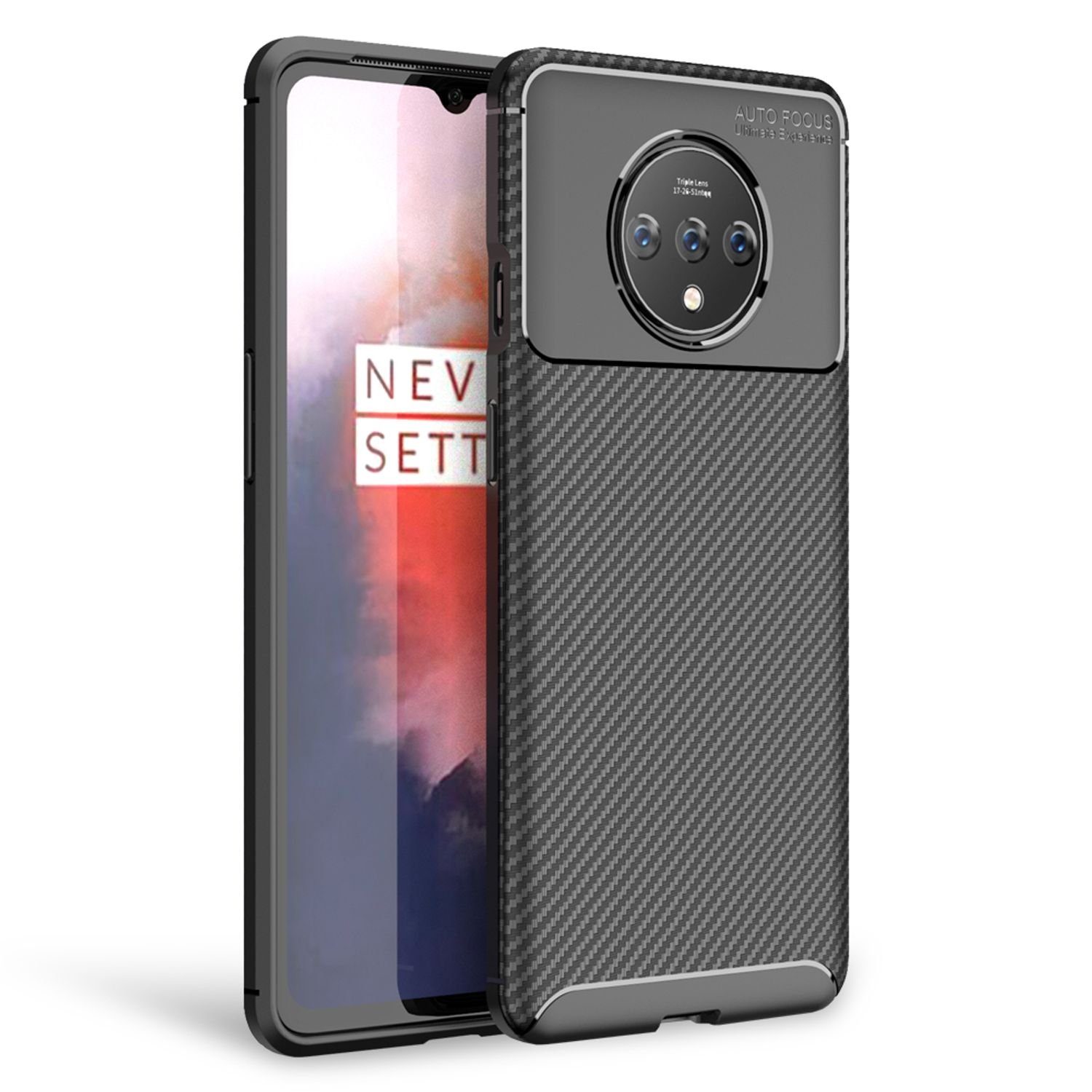 Nalia Smartphone-Hülle Oneplus 7T, Carbon-Look Silikon Hülle / Matt-Schwarz / Anti-Fingerabdruck / Rutschfest Stoßfest Kratzfest / Karbon-Optik Schutzhülle / Slim Cover Soft Case Etui Handy-Tasche Backcover / Handy-Schale Backcase Handycover Handycase