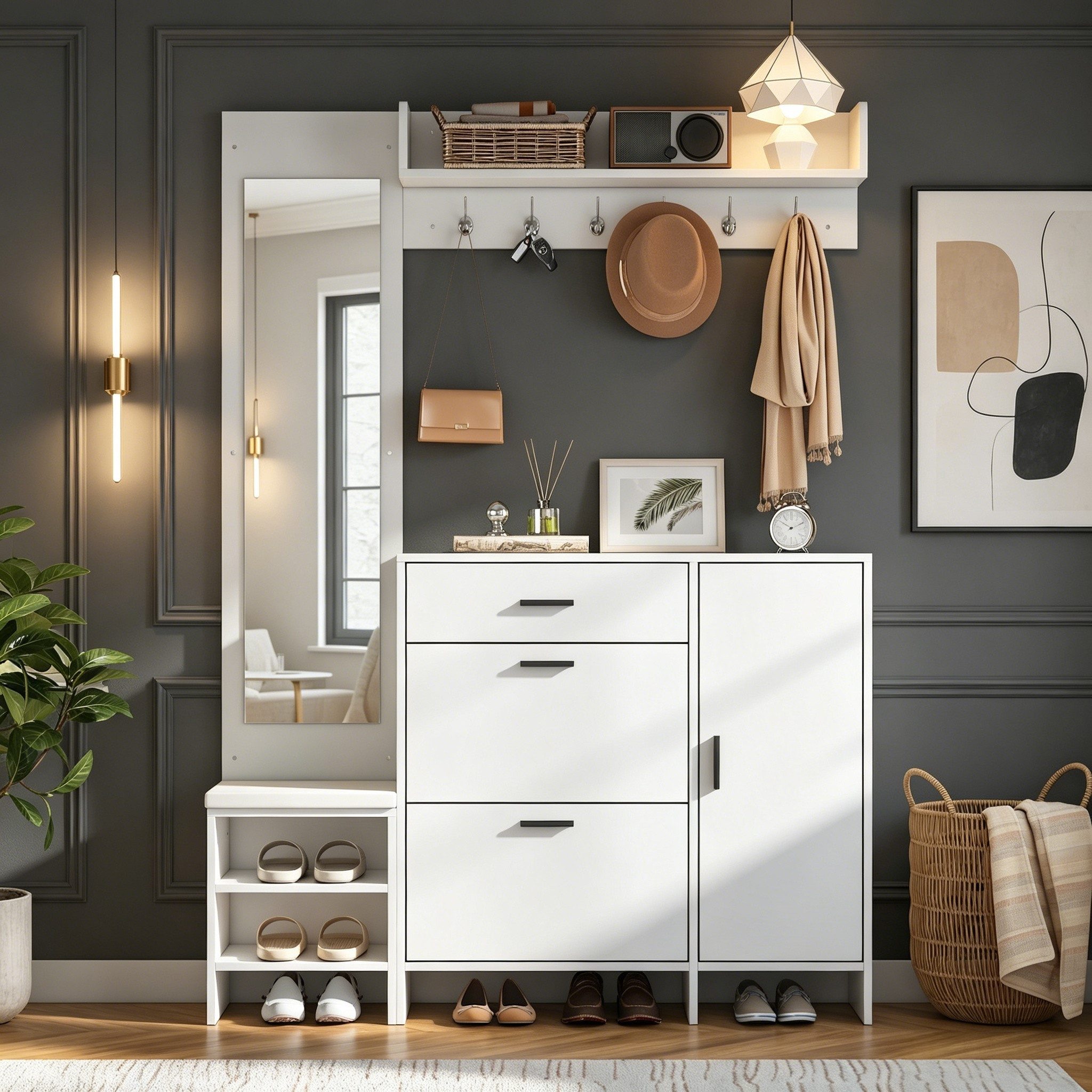 KLAM HOME Garderoben-Set Weißer MDF-Garderobenständer mit Spiegel und Sitzbank, (Kombinierter Schuhschrank mit Haken & vielfältigem Stauraum), Komplette Flurgar – Bild 4 von 5