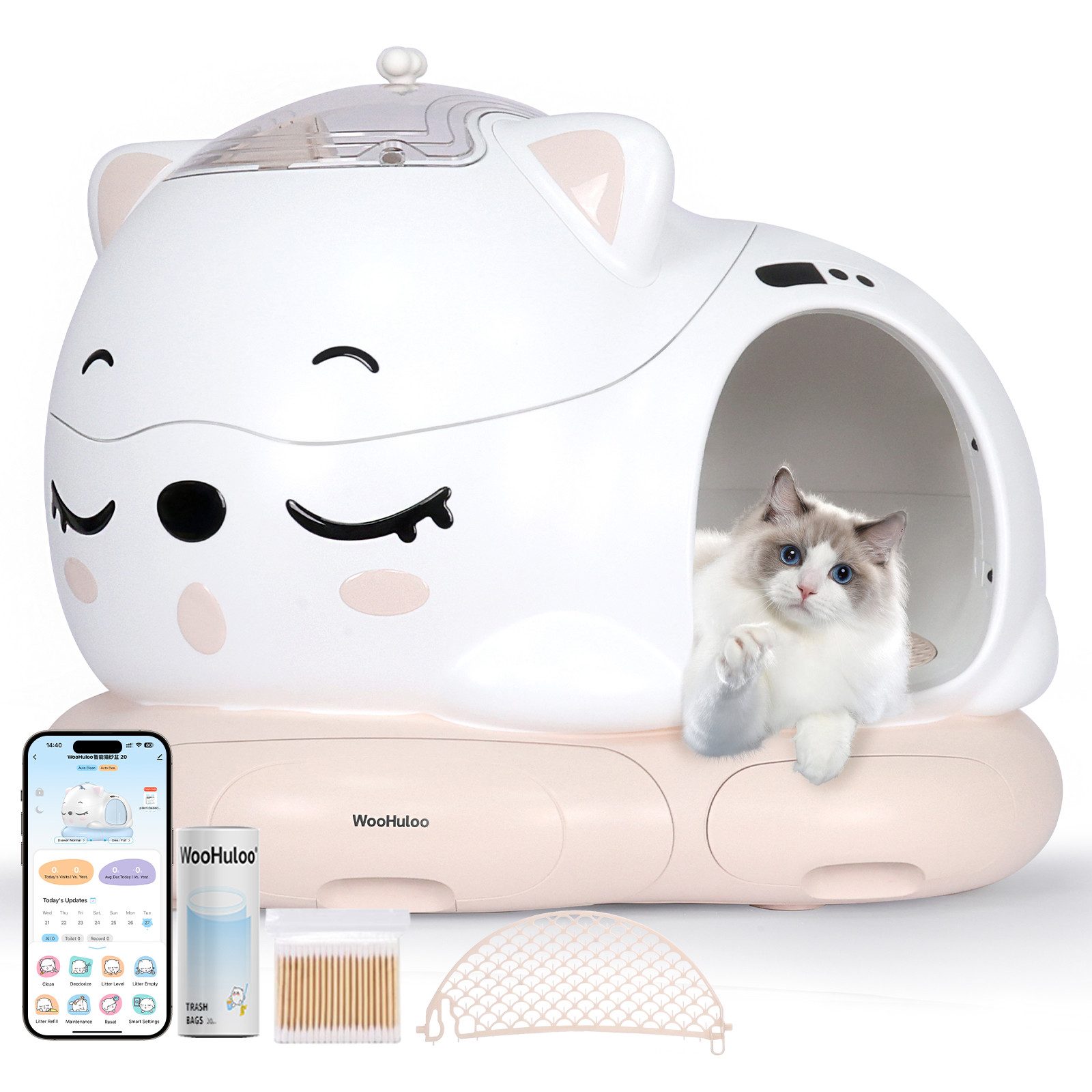 Woohuloo Katzentoilette 80L Automatische Smart-Katzenklo mit Müllbeutel, 360°-Selbstreinigend, 360°-Geruchsbeseitigung, Automatische Selbstreinigungsfunktion, APP