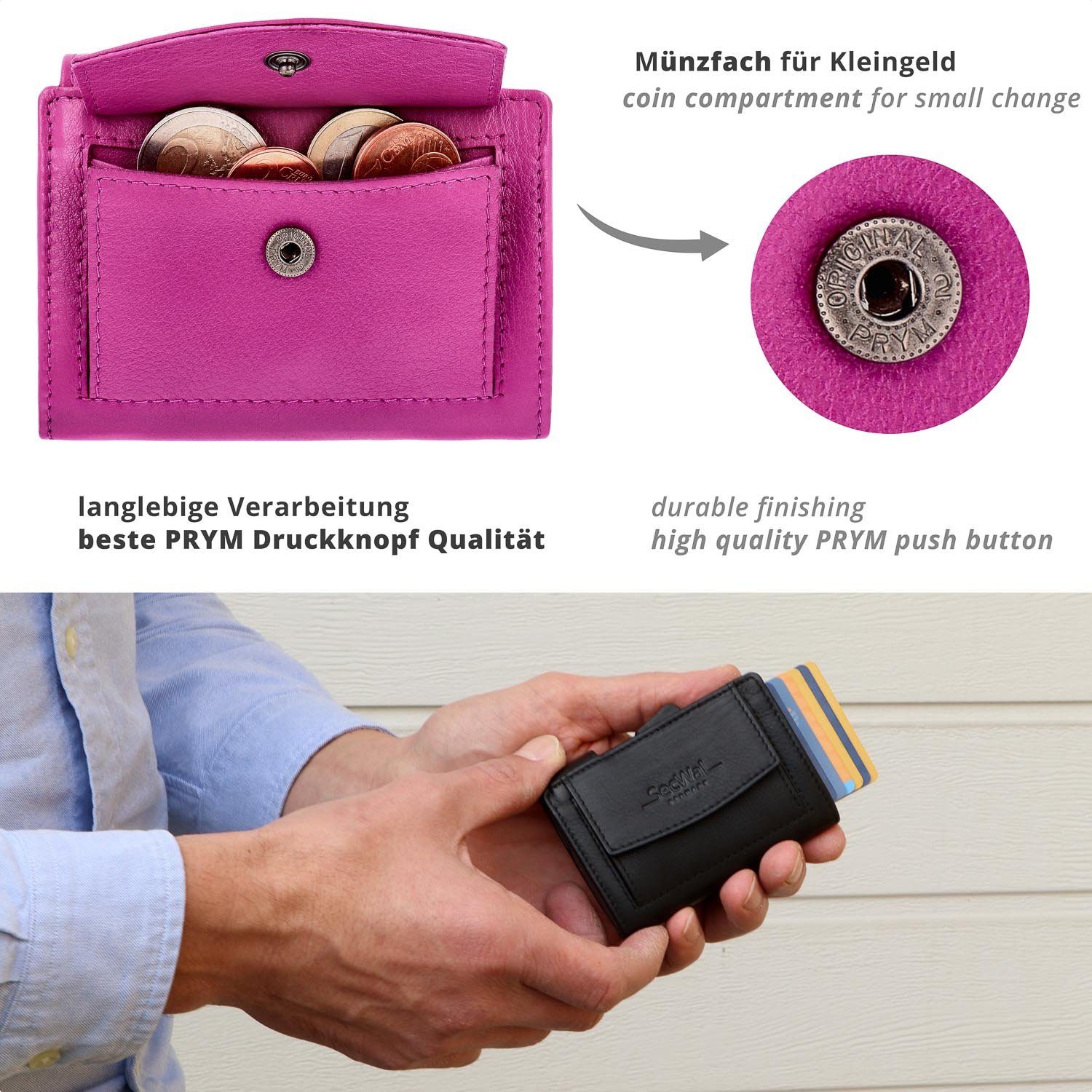 Druckknopf, mit Pink Geldbeutel Slim Damen SecWal Münzfach und Schutz, Wallet, Kartenetui für klein, Herren RFID Geldbörse,