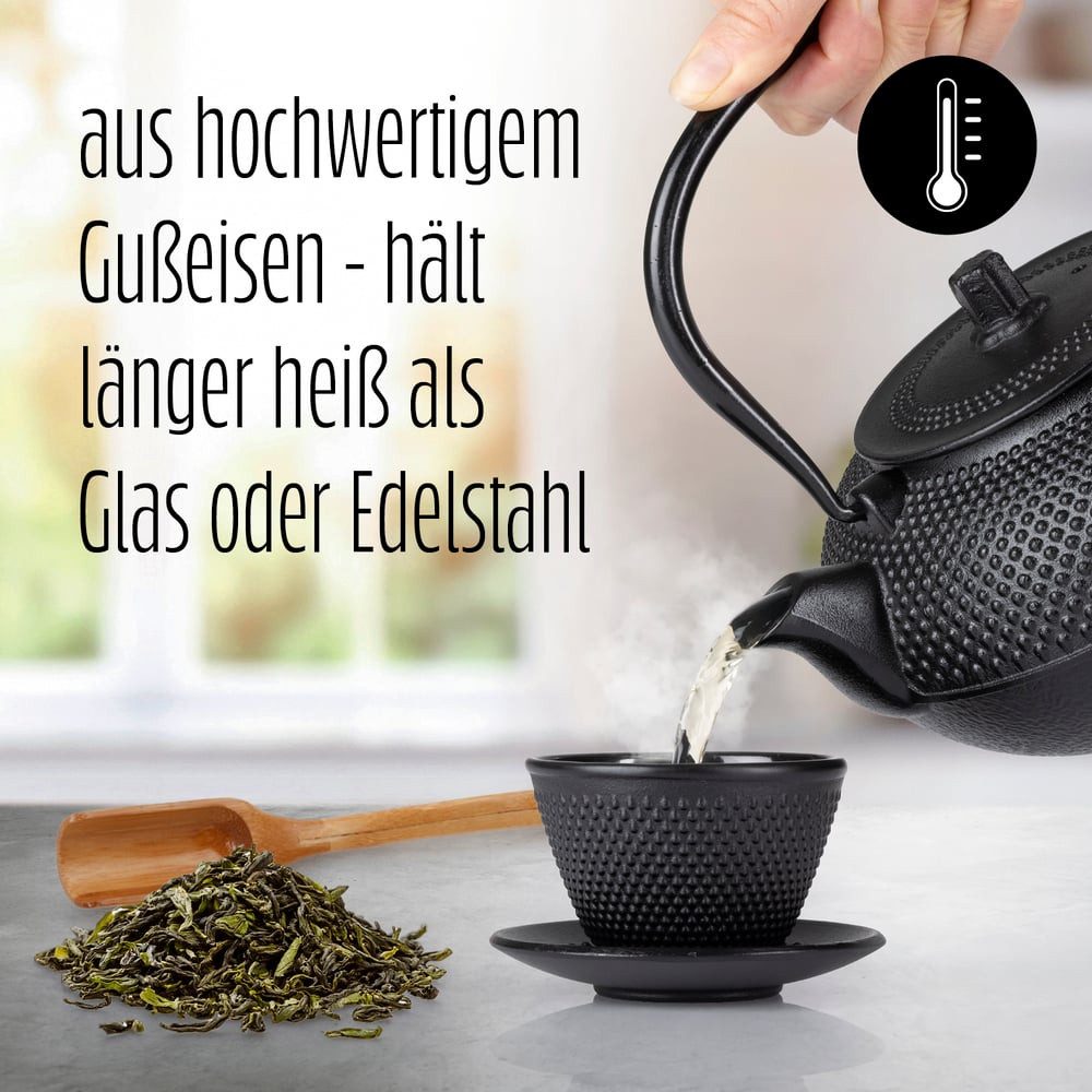 Lumaland Teeservice Set 12-teilig, 1,4 Liter Gusseiserne Teekanne Tetsubin (12-tlg), Bambus/Gusseisen/Edelstahl, Stövchen aus Gusseisen, 4 Teebecher & 4 Untersetzer uvm.