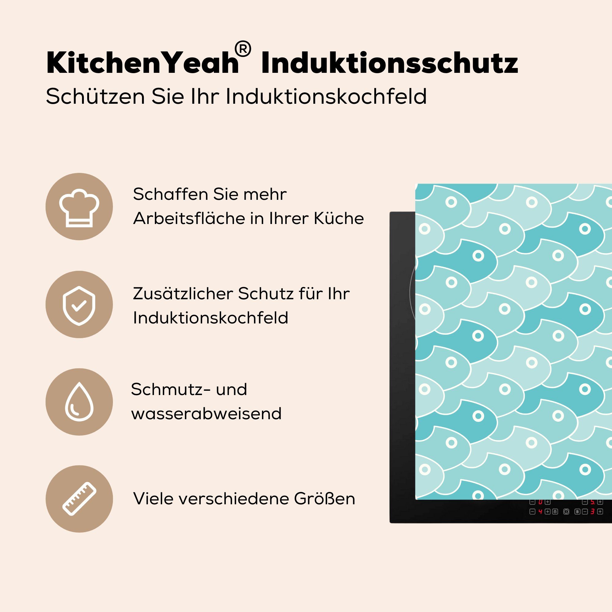 Herdblende-/Abdeckplatte Muster, Vinyl, - - (1 tlg), Arbeitsplatte Blau MuchoWow Fisch 78x78 küche für Ceranfeldabdeckung, cm,