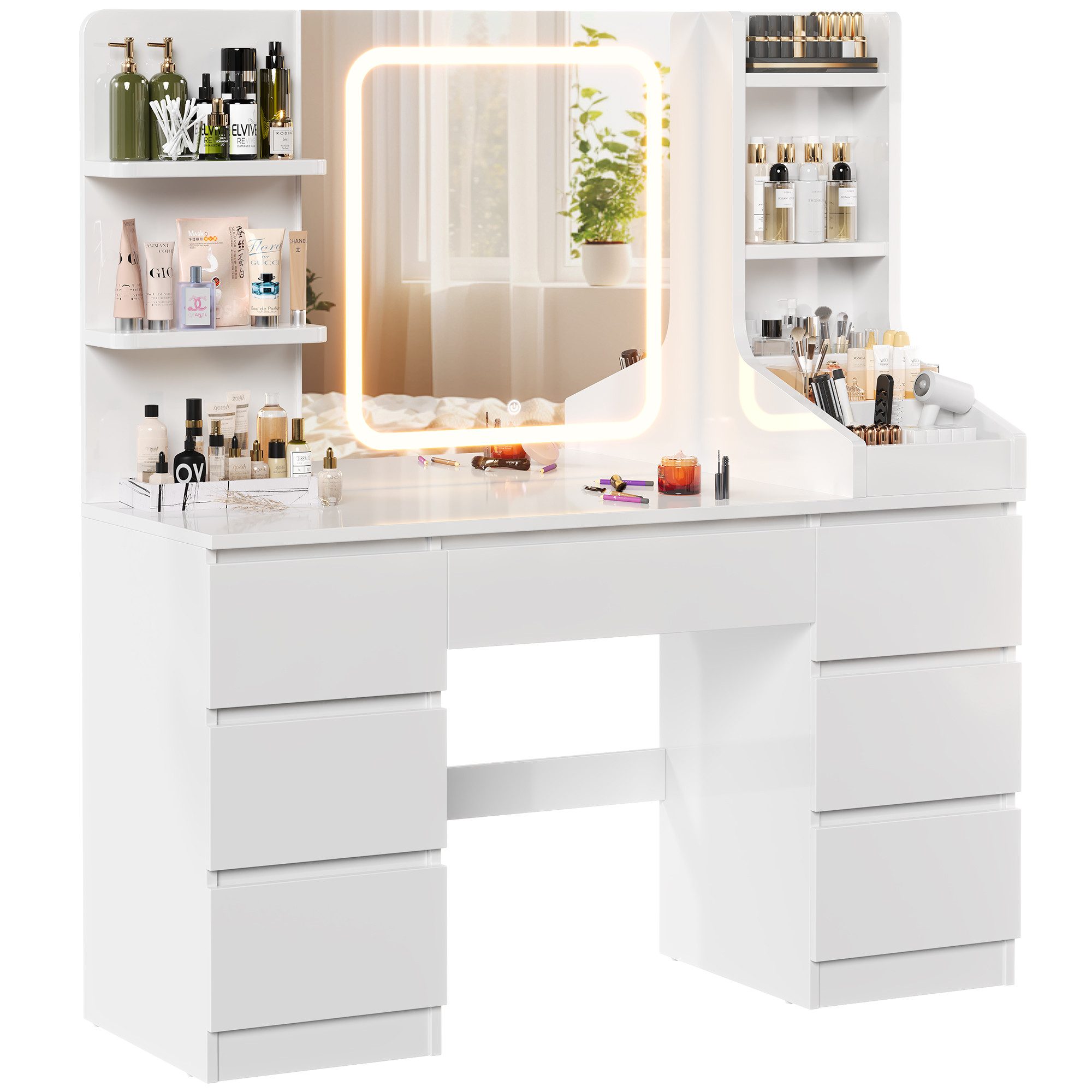 HOMALL Schminktisch LED-Spiegel, 7 Schubladen, 110 cm breit, Aufbewahrungshocker optional (Schminktisch mit dimmbarem LED-Spiegel (3 Farben), 7 Schubladen + 8 Fächer, 110×40×139 cm – 5 Farben (Schwarz/Rosa/Vintage/Weiß/Weiß Hochglanz), Hocker opt., E1-Platte), 110*40*139CM B/H/T