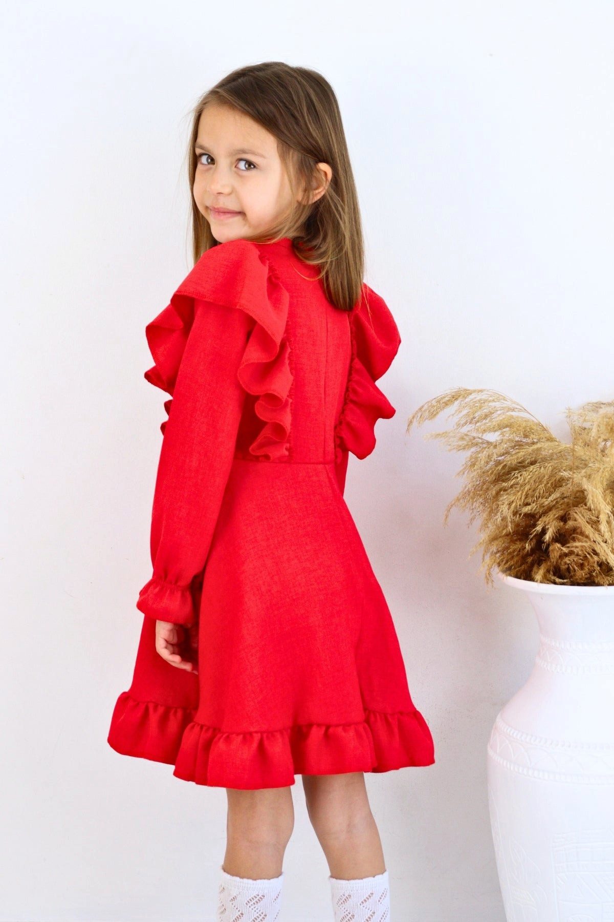 Parla Kids Sommerkleid Rotes Mädchen Leinenkleid – Langarm mit Rüschen