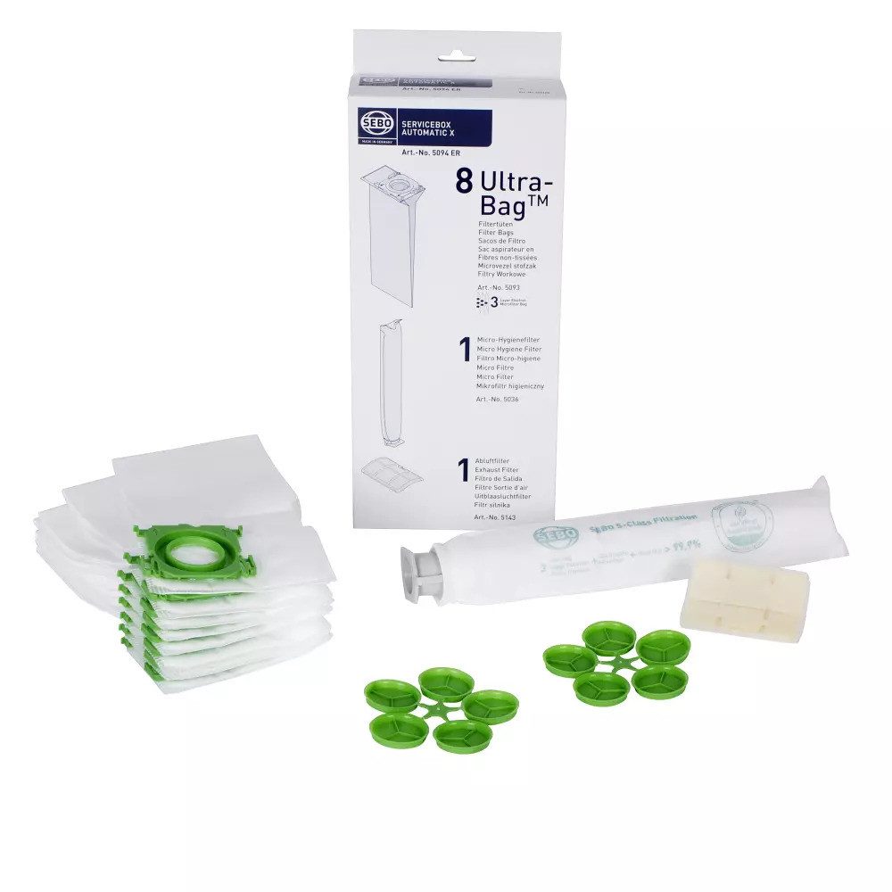 PRIMEBAG Staubsaugerbeutel 8 Filtertüten + 1 Microfilter + 1 Abluftfilter, SEBO Servicebox