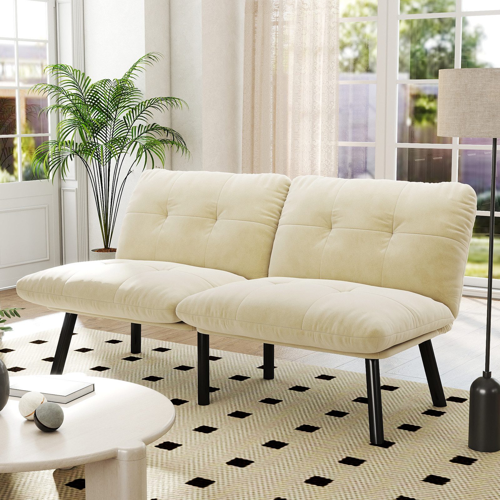 HAUSS SPOLE Loungesofa Zweisitzer mit Schlaffunktion,klappbares Relaxsofa Metallrahmen,Creme, Multifunktionssofa 3-in-1 Funktionskonzept mit Samtbezug, Sitzliege Gästebett-Sofa für kleine Apartments und Räume.