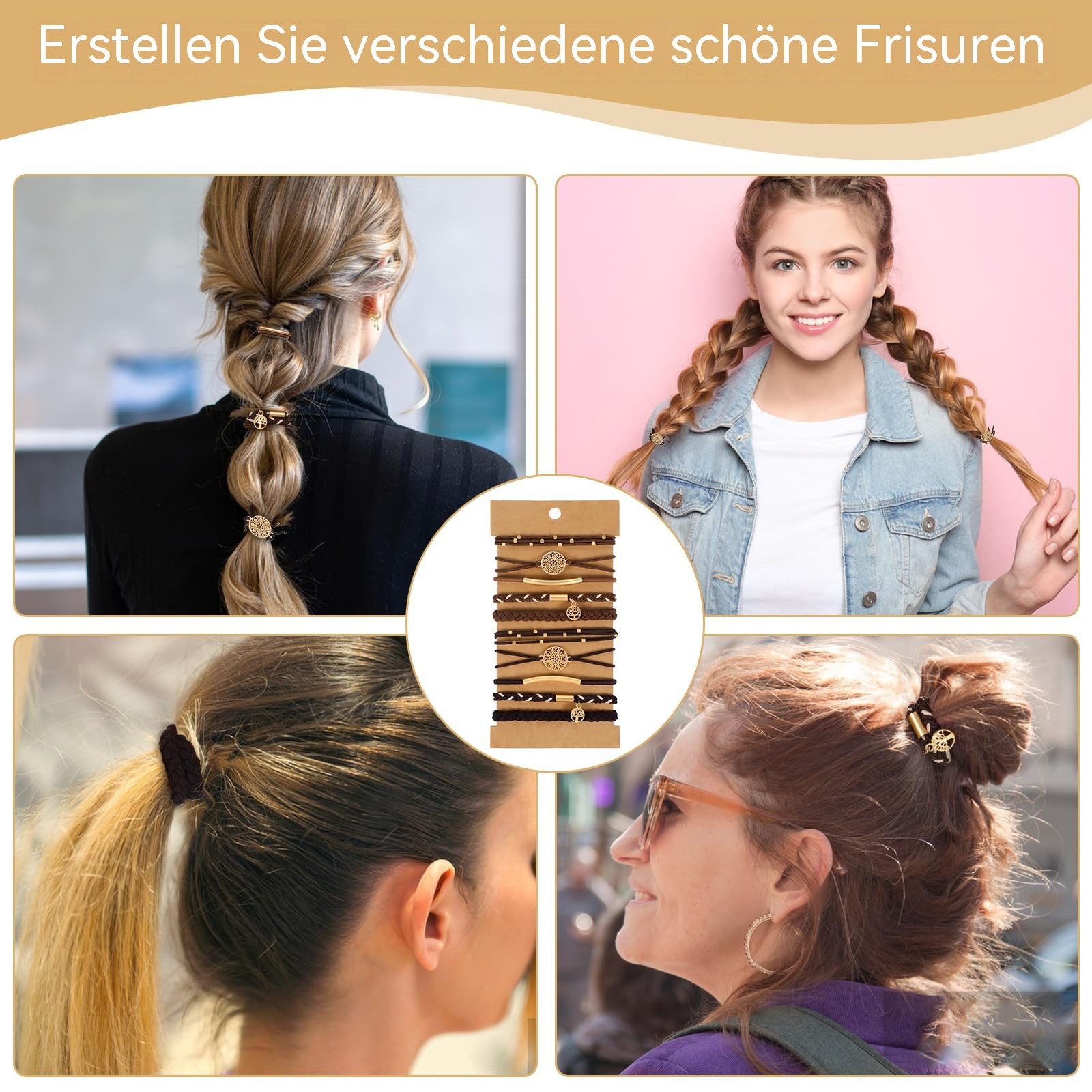 nsihing Haargummi 10 Stück Haargummi Damen, Elastische Geflochtene Haargummis, für Mädchen mit Perlen, Boho Haargummi für Langes Haar – Bild 5 von 5