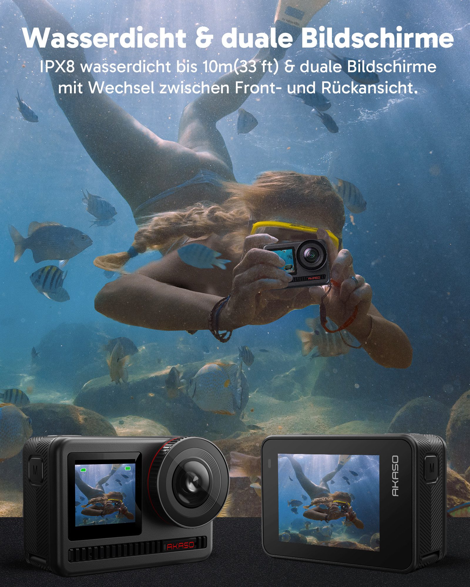 Akaso Brave 8 Action Cam (4K Ultra HD, Wi-Fi 2.4G, Wi-Fi 5G, EIS 4.0, Wasserdicht bis 60 m, Duales Farbdisplay, Sprachsteuerung)